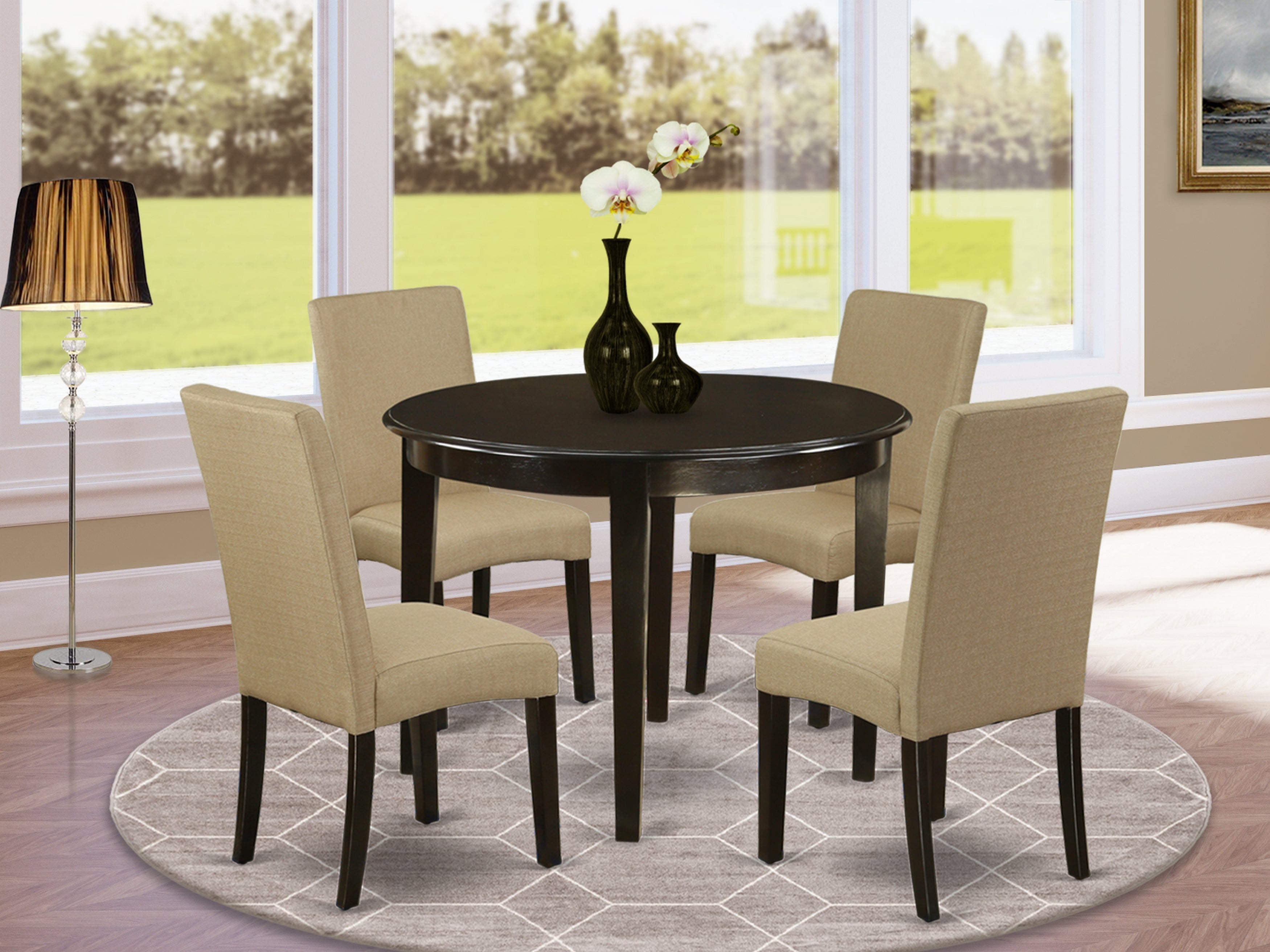 BODR5-CAP-03 5Pc Round 42" Kitchen Table And Four Parson Chair With Cappuccino Finish Leg And Linen Fabric- Brown Color