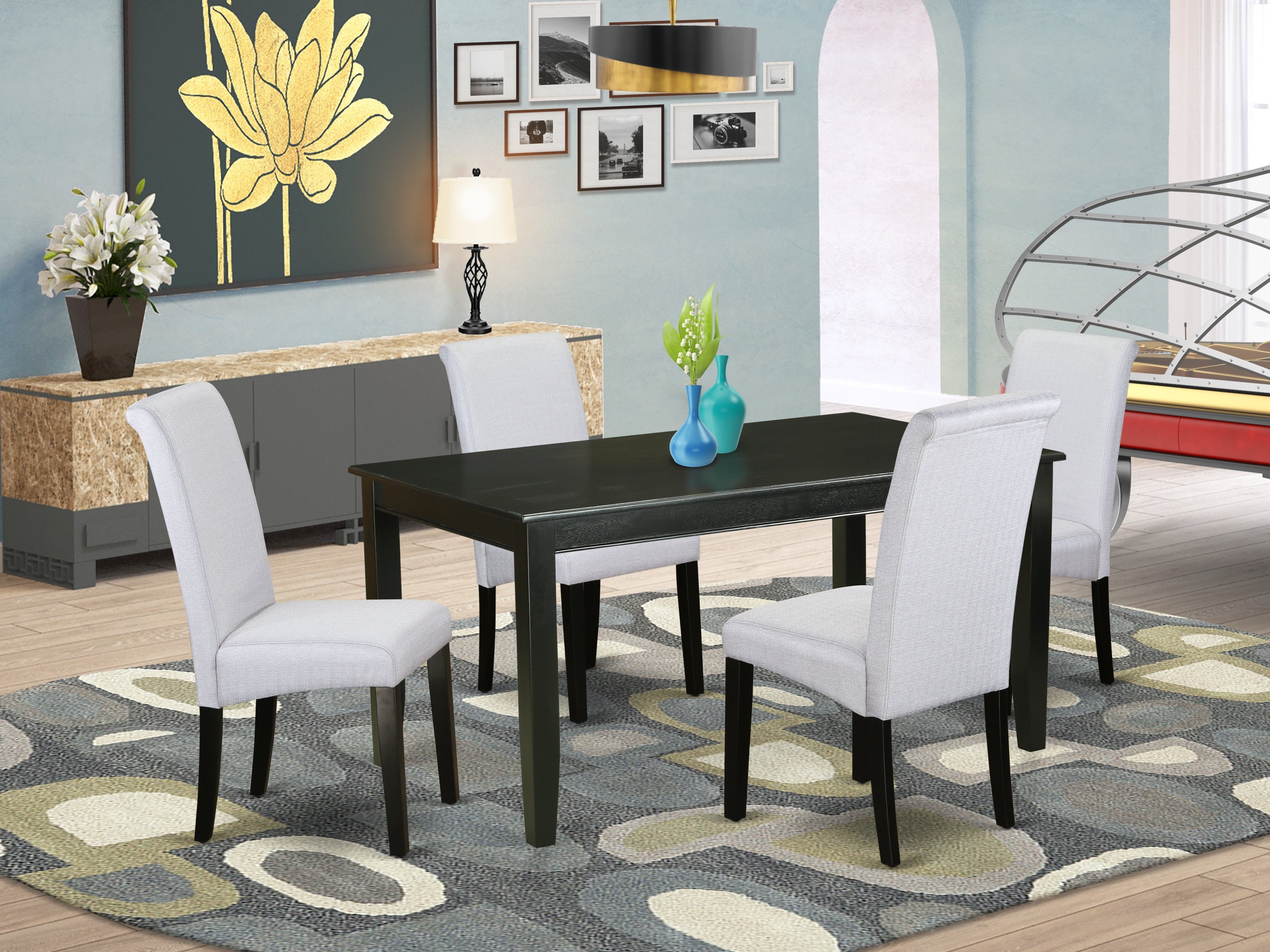 DUBA5-BLK-05 5Pc Kitchen table with linen grayish blue fabric Parson chairs with black chair legs