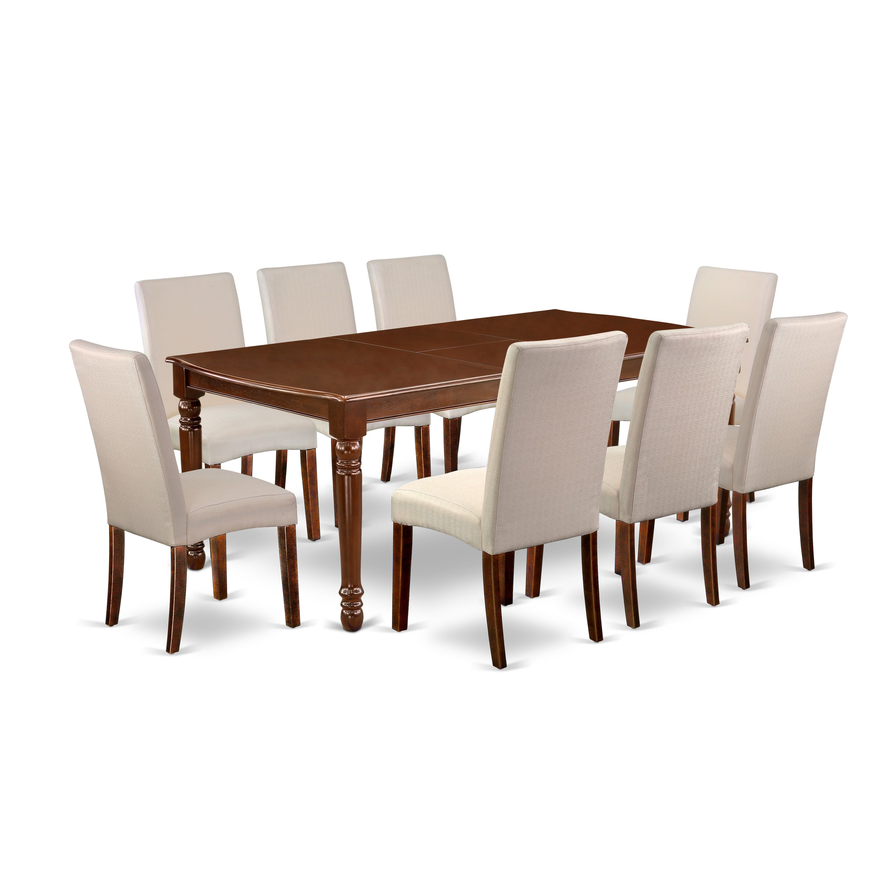 DODR9-MAH-01 9Pc Rectangle 60/78 Inch Dining Table With 18 In Leaf And 8 Parson Chair With Mahogany Finish Leg And Linen Fabric- Cream Color