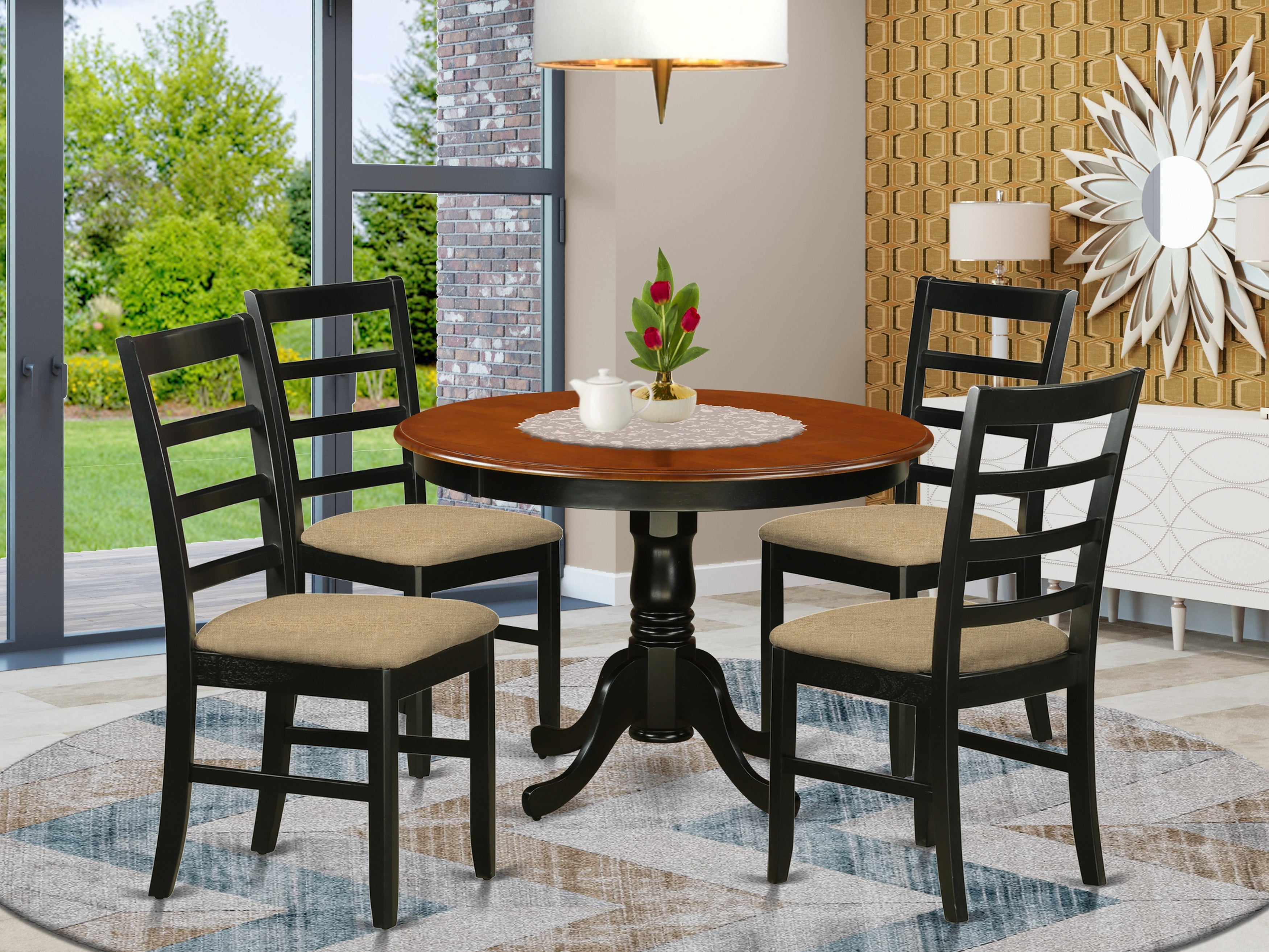 HLPF5-BCH-C 5 Pc set with a Kitchen Table and 4 Microfiber Dinette Chairs in Black and Cherry