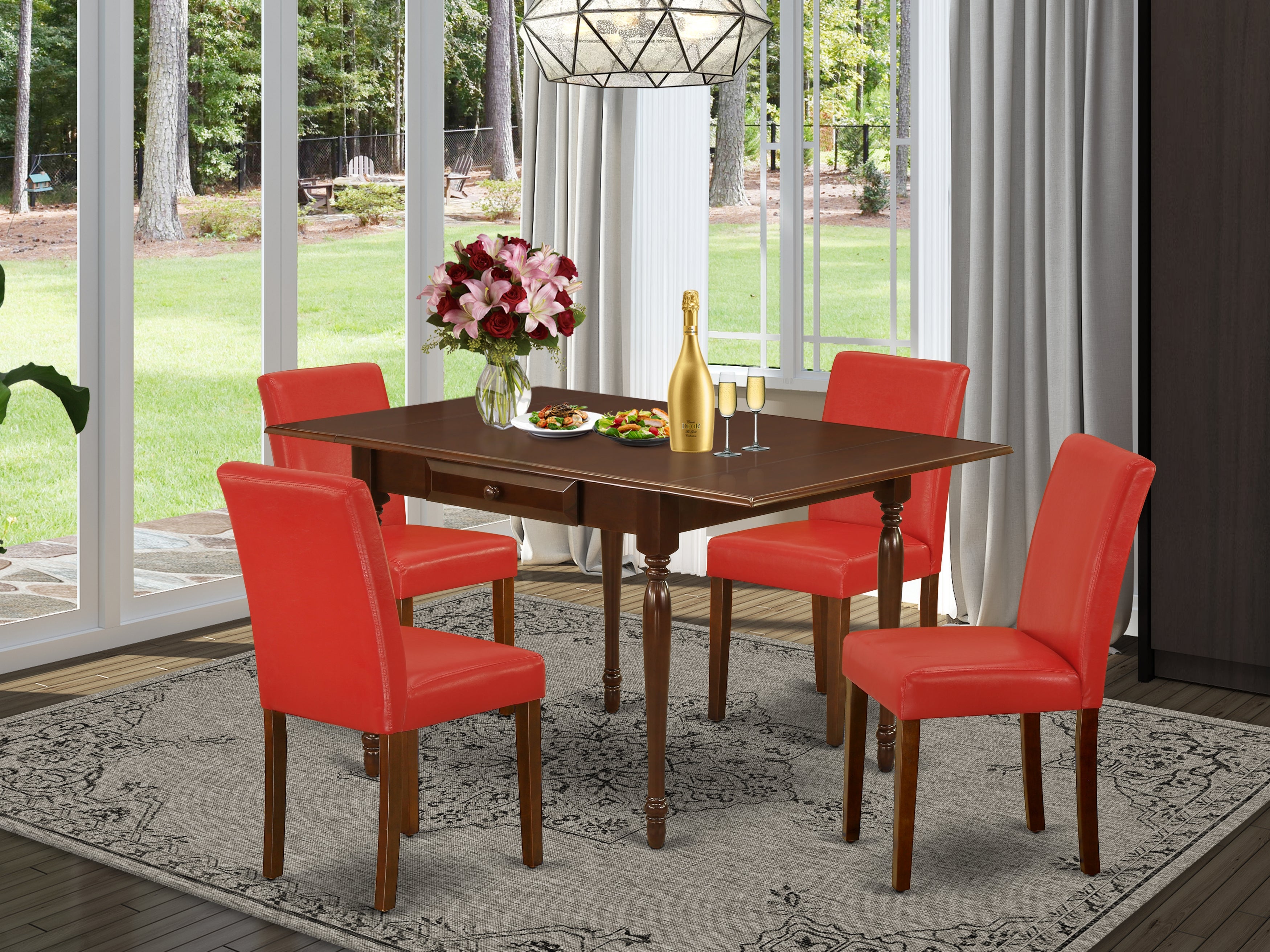 East West Furniture MZAB5-MAH-72 5Pc Dining Set for 4 Includes a Dining Room Table and 4 Parsons Chairs with Firebrick Red Color PU Leather, Drop Leaf Table with Full Back Chairs, Mahogany Finish