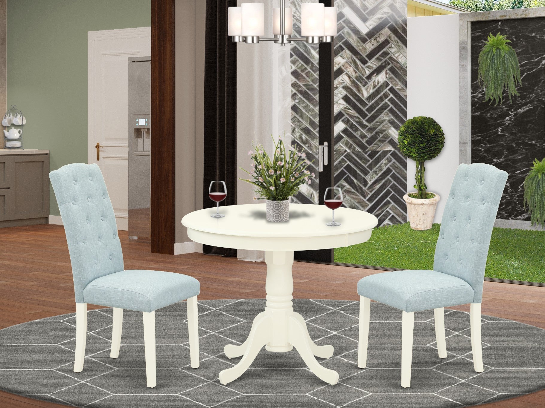 ANCE3-LWH-15 3Pc Dinette Set Includes a Small Rounded Kitchen Table and Two Parson Chairs with Baby Blue Fabric, Linen White Finish