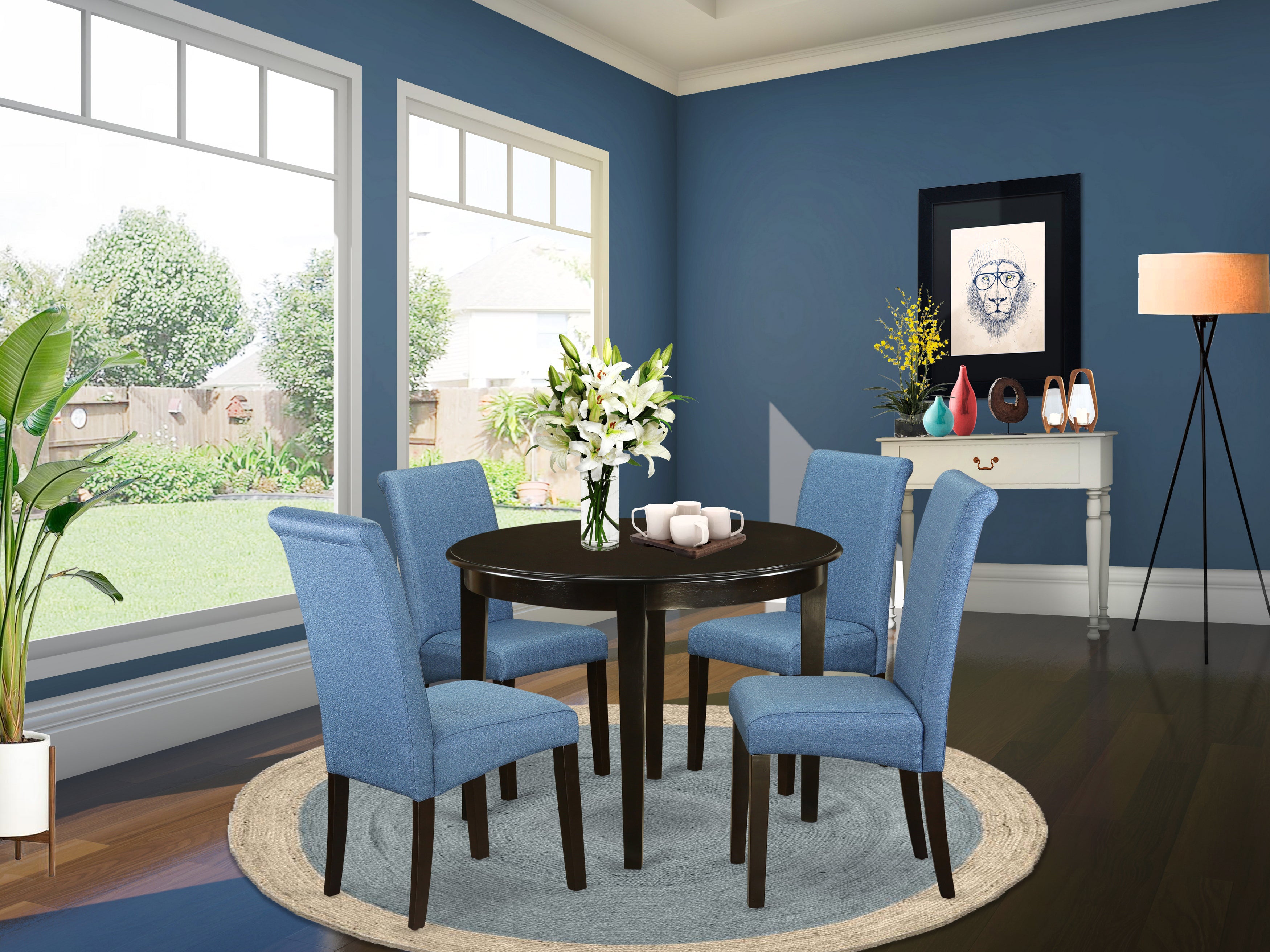 BOBA5-CAP-21 5Pc Small Round Kitchen table with linen Blue fabric Parson chairs with cappuccino chair legs