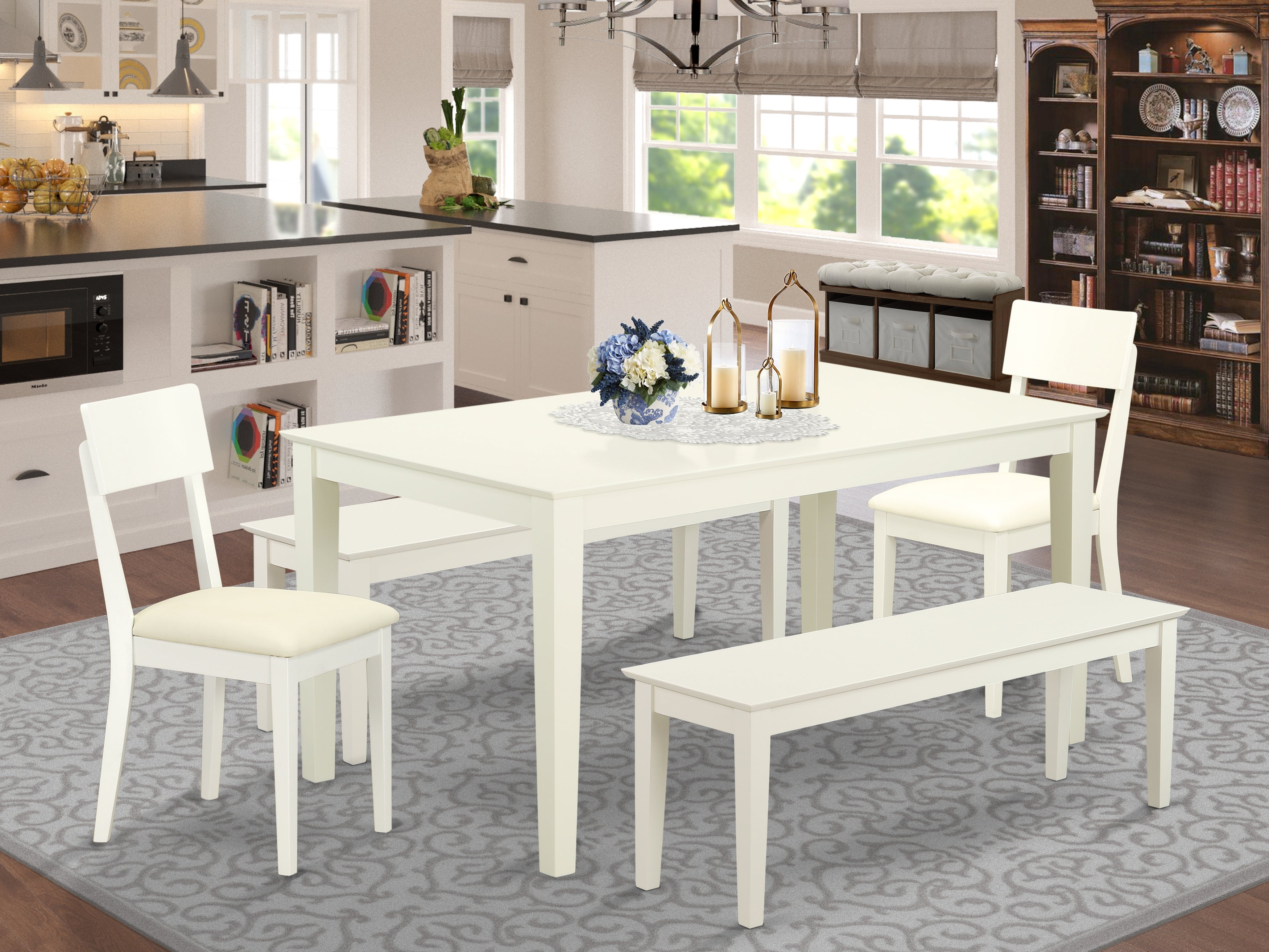 CAAD5C-LWH-W 5 Piece dining table set for 6-Dining room table and 2 Chairs and 2 Benches in Linen White