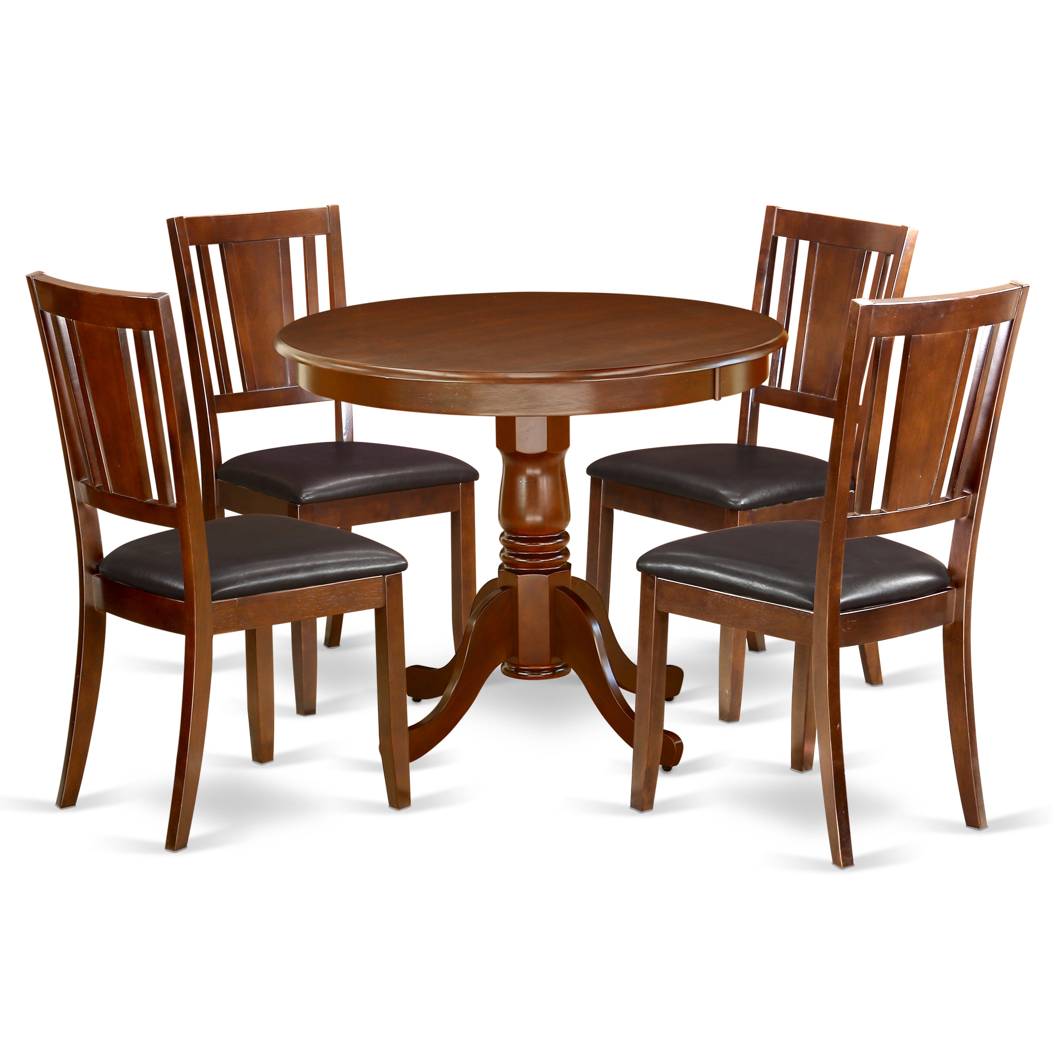 ANDU5-MAH-LC 5Pc Rounded 36" Dining Room Table And Four Faux Leather Seat Chairs
