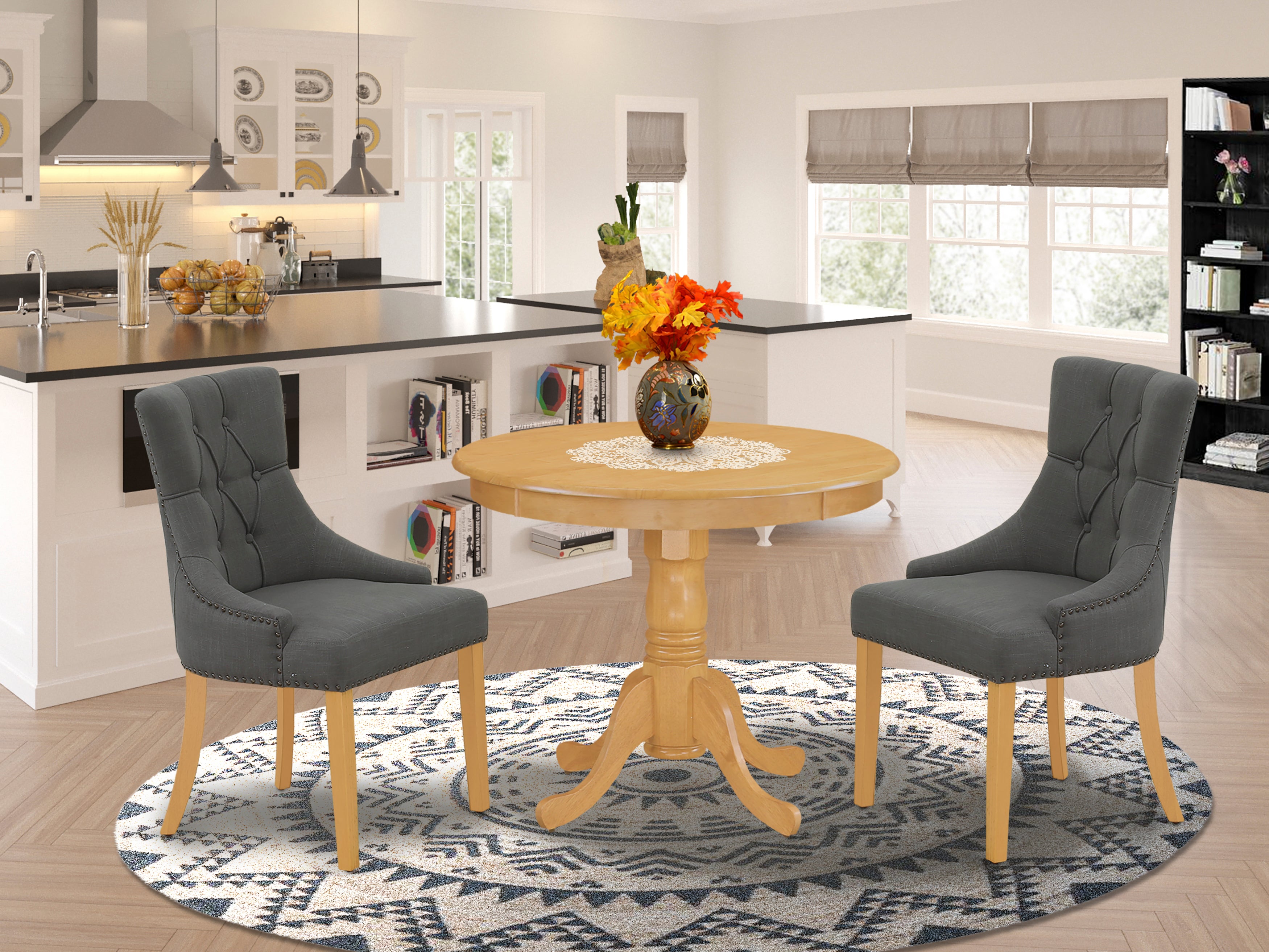 ANFR3-OAK-20 3Pc Dinette Set Includes a Small Rounded Kitchen Table and Two Parson Chairs with Dark Gotham Grey Fabric, Oak Finish