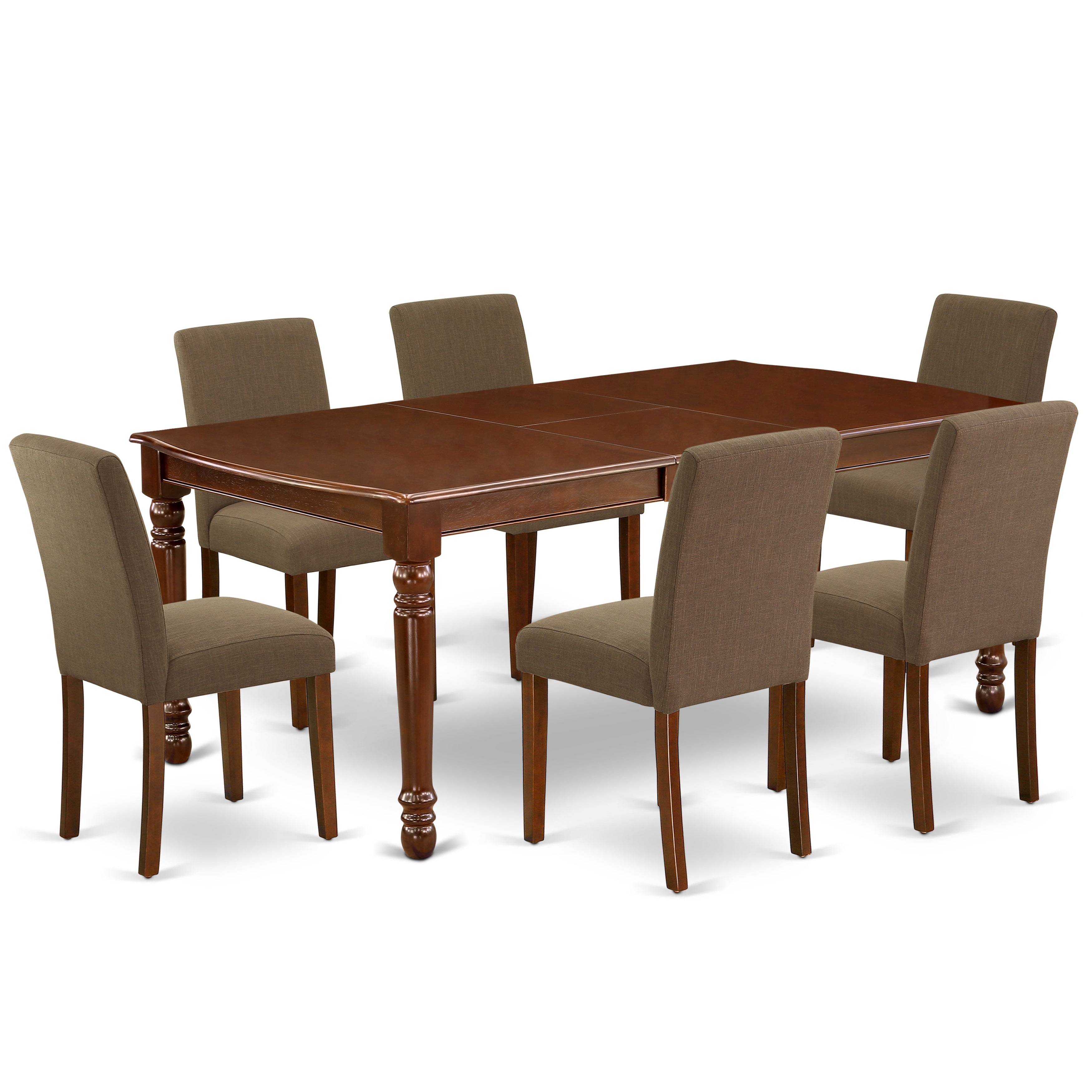 DOAB7-MAH-18 7Pc Rectangle 60/78 Inch Table With 18 In Leaf And 6 Parson Chair With Mahogany Leg And Linen Fabric Coffee