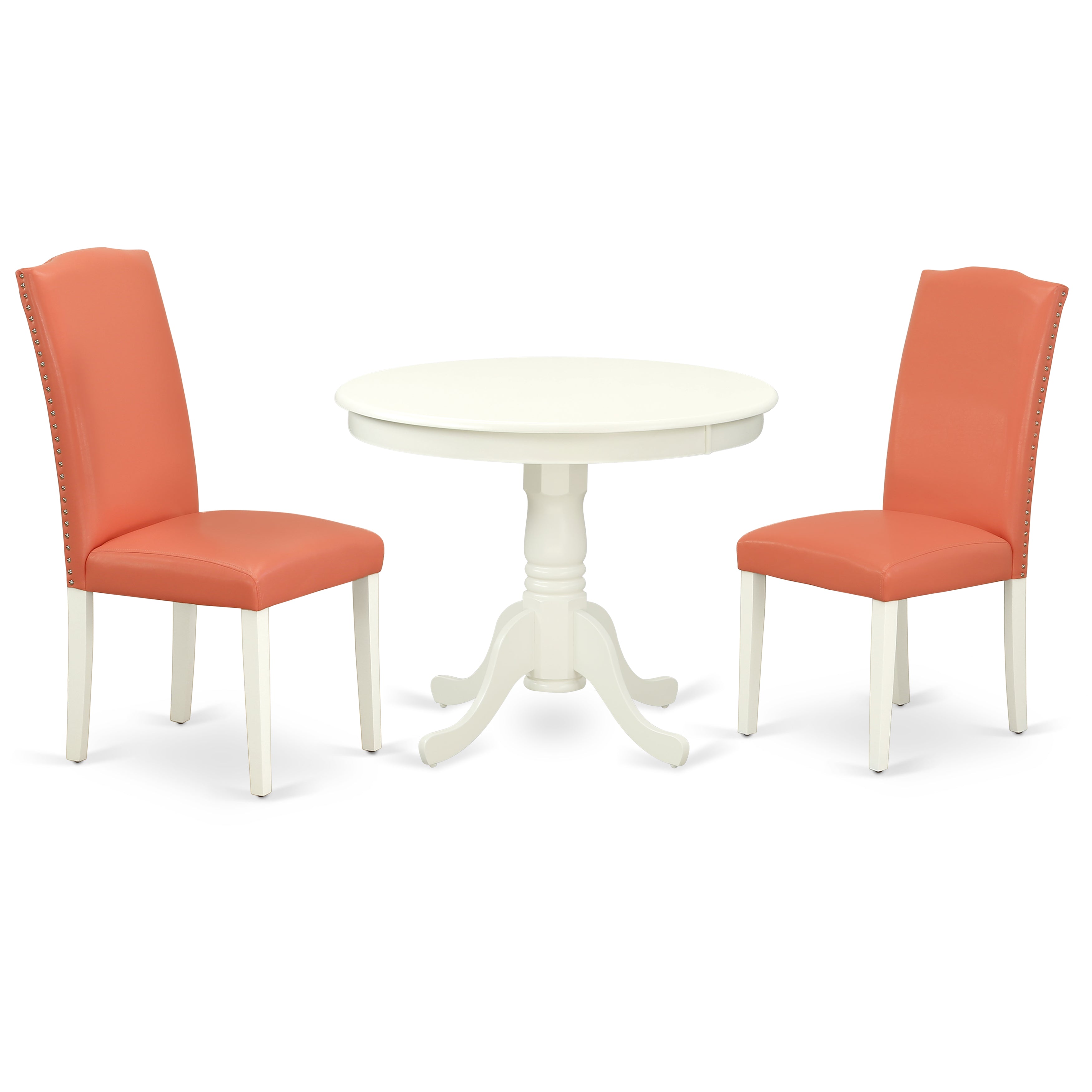 ANEN3-LWH-78 3Pc Rounded 36 Inch Dining Table And 2 Parson Chair With Linen White Leg And Pu Leather Color Pink Flamingo