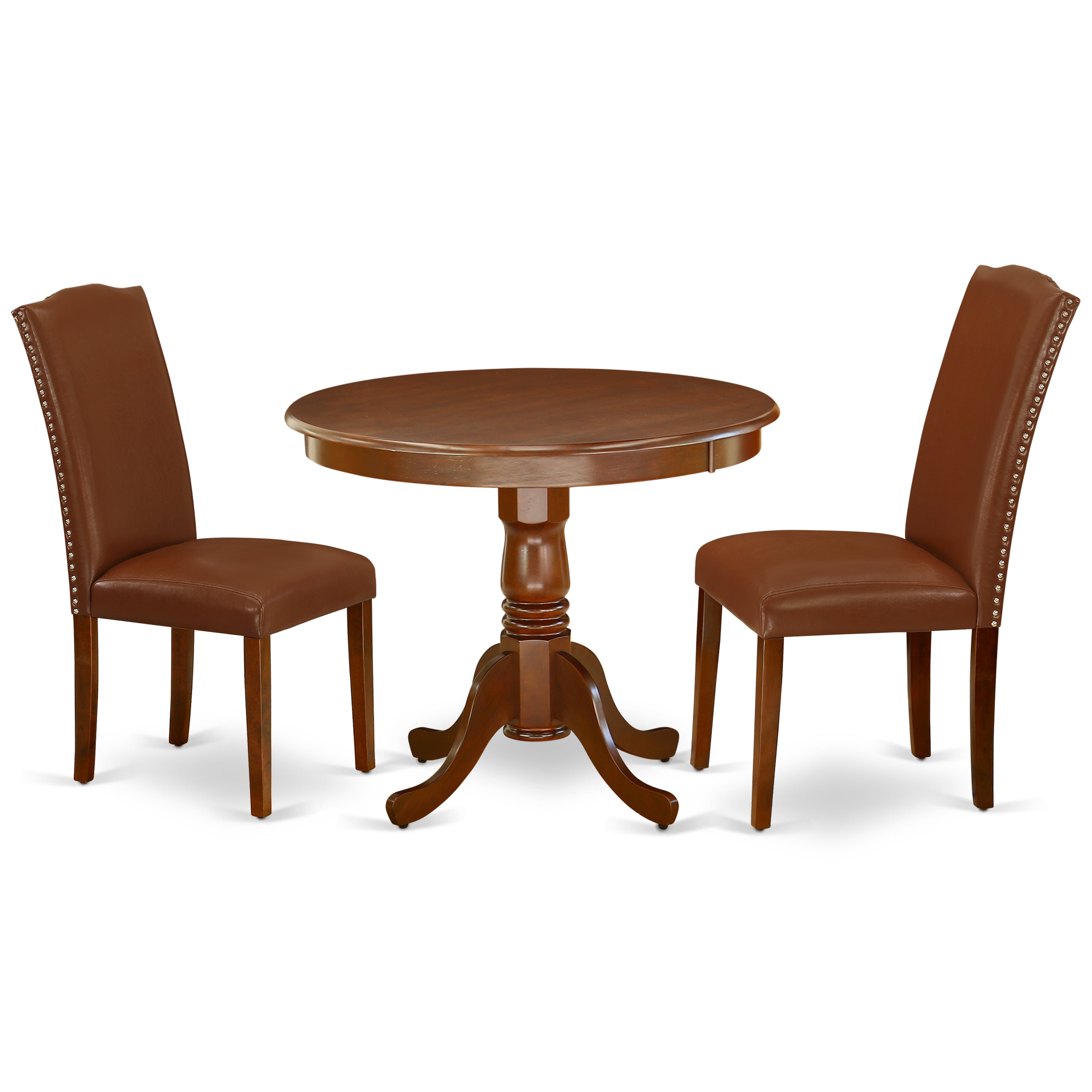 ANEN3-MAH-66 3Pc Rounded 36 Inch Dining Table And 2 Parson Chair With Mahogany Leg And Brown Flaux Leather