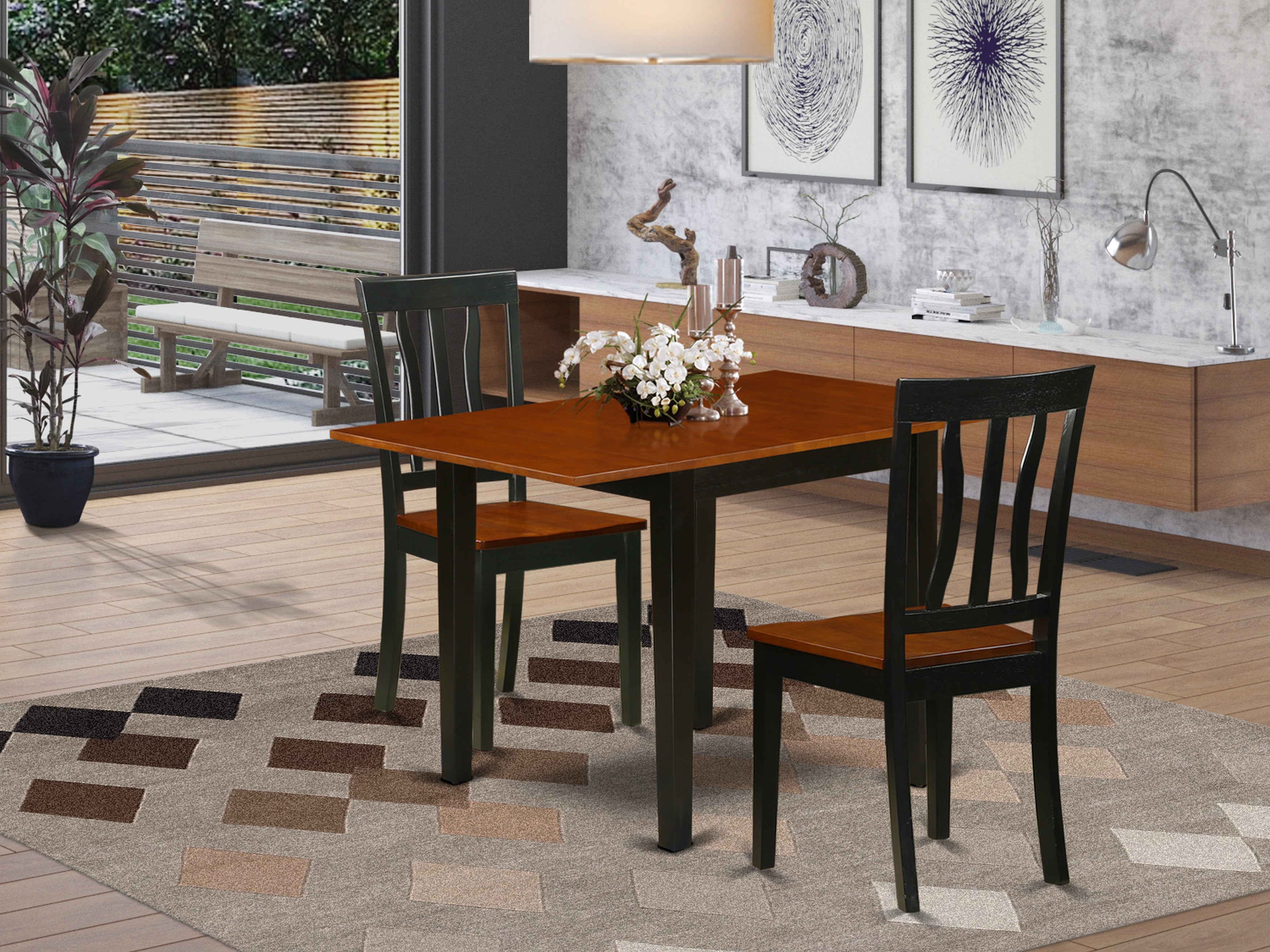 East West Furniture NDAN3-BCH-W Dinette set 3 Pc- 2 Outstanding Dining Room Chairs and a Beautiful Dinner Table - Cherry Finish Hardwood Chair Seat and Table Top - Black Finish Wooden Frame.