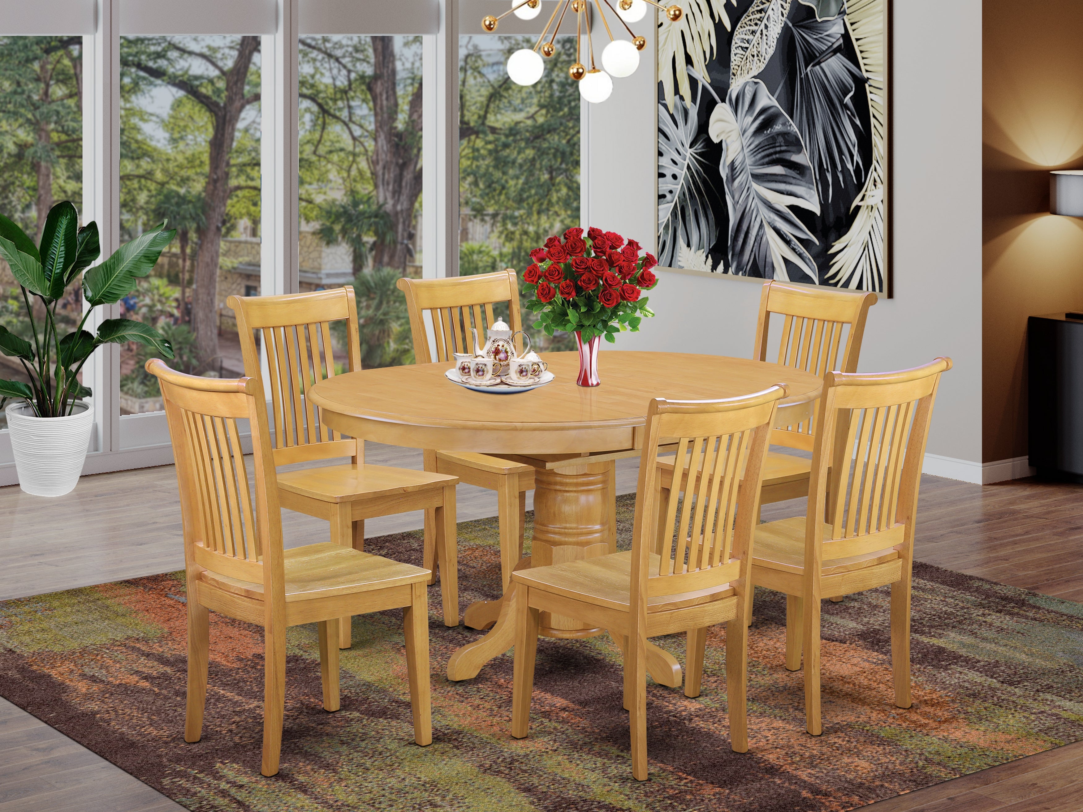 AVPO7-OAK-W 7 Pc Dining set with a Kitchen Table and 6 Wood Seat Kitchen Chairs in Oak