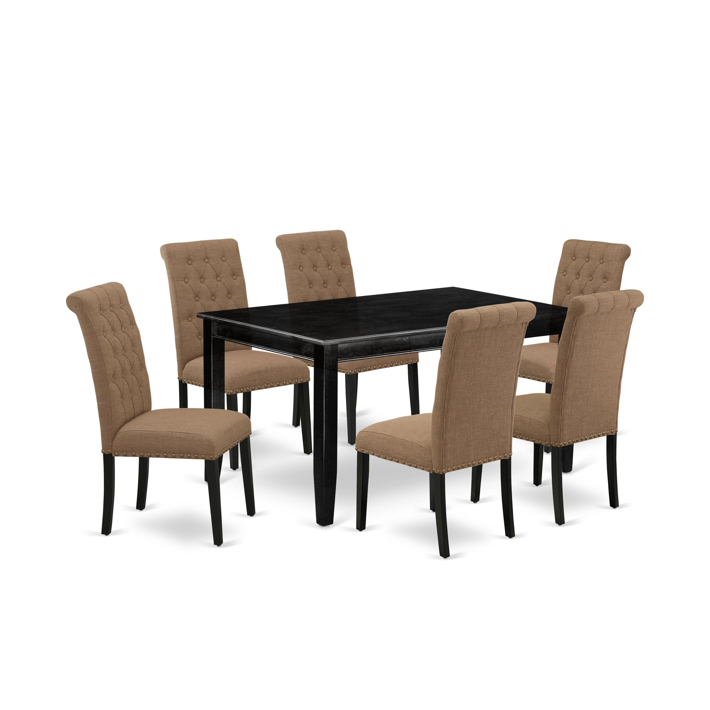 DUBR7-BLK-17 7Pc Dinette Set Includes a Rectangular Kitchen Table and Six Parson Chairs with Light Sable Fabric, Black Finish