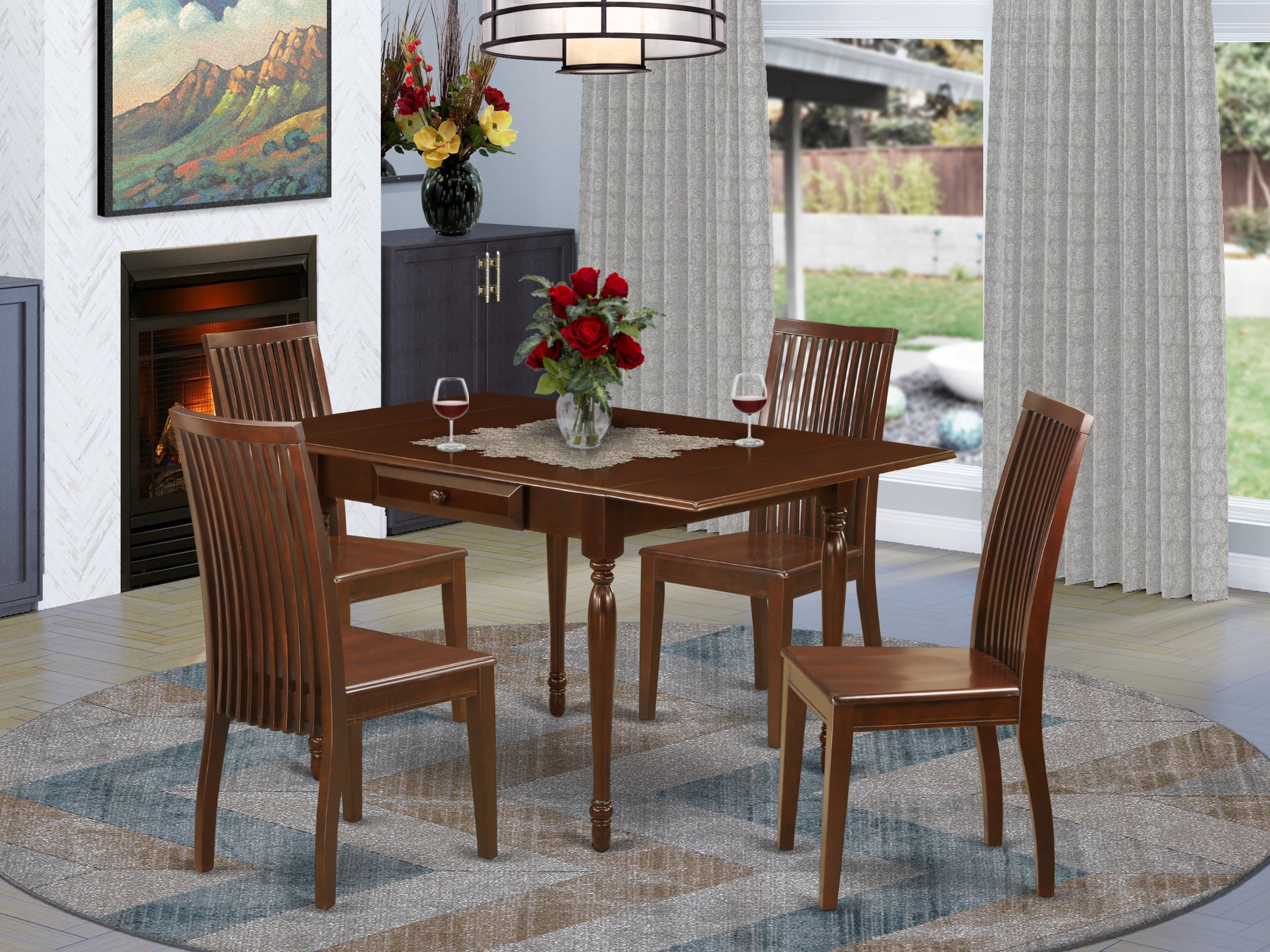 East West Furniture MZIP5-MAH-W 5 Pc Dinette set - Strong Two 9-Inch Drop Down Leaves Hardwood Rectangle Dining Table and 4 Real Wood Seat Wooden Dining Chairs, Mahogany Finish