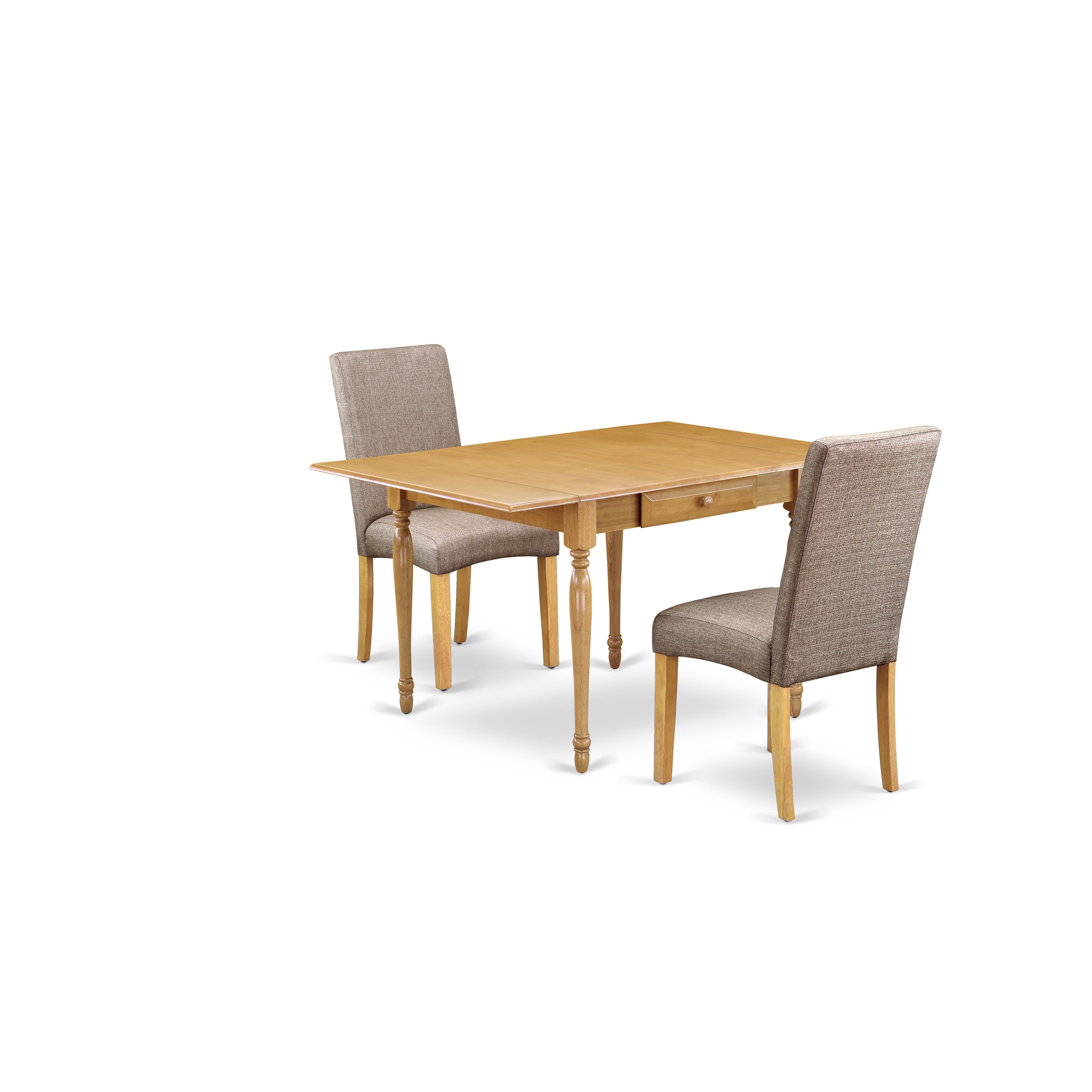East West Furniture MZDR3-OAK-16 3Pc Dining Table Set for 2 Includes a Dinette Table and 2 Parsons Dining Room Chairs with Dark Khaki Color Linen Fabric, Drop Leaf Table with Full Back Chairs, Oak Finish