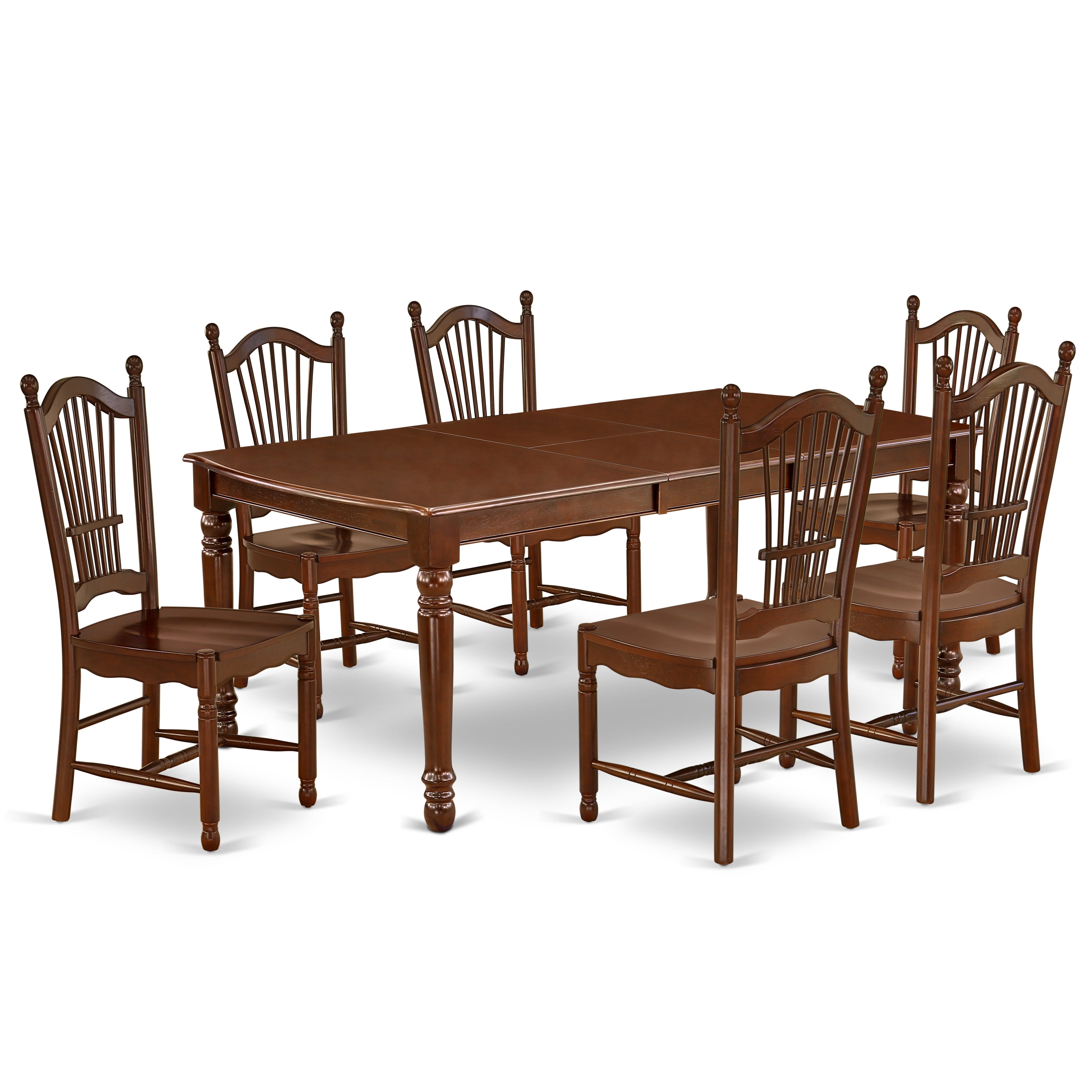 DODO7-MAH-W 7Pc Rectangle 60/78 Inch Dinner Table With 18 In Butterfly Leaf And Six Wood Seat Dining Chairs