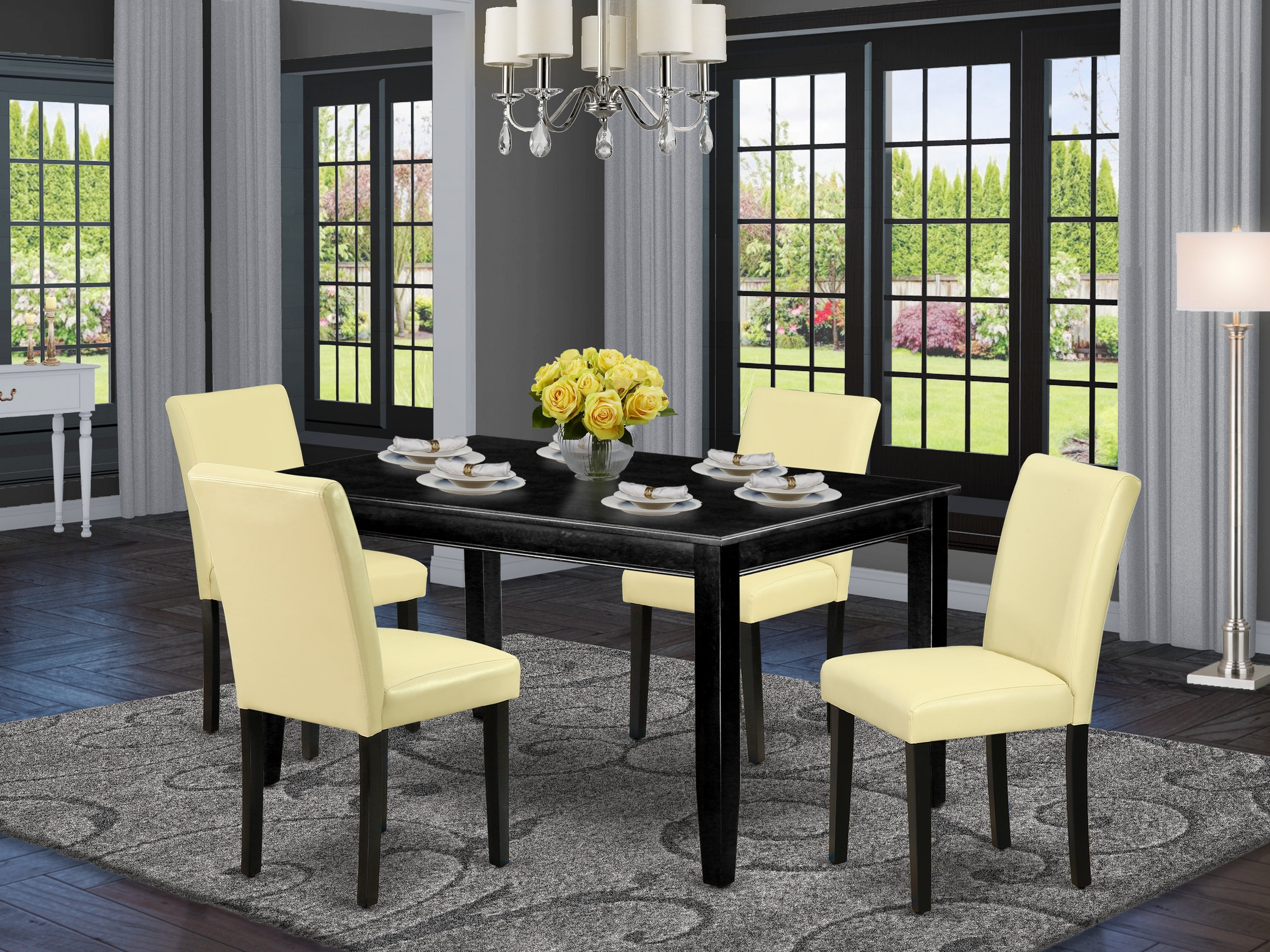 DUAB5-BLK-73 5Pc Rectangle 60 Inch Dining Table And Four Parson Chair With Black Leg And Pu Leather Color Eggnog