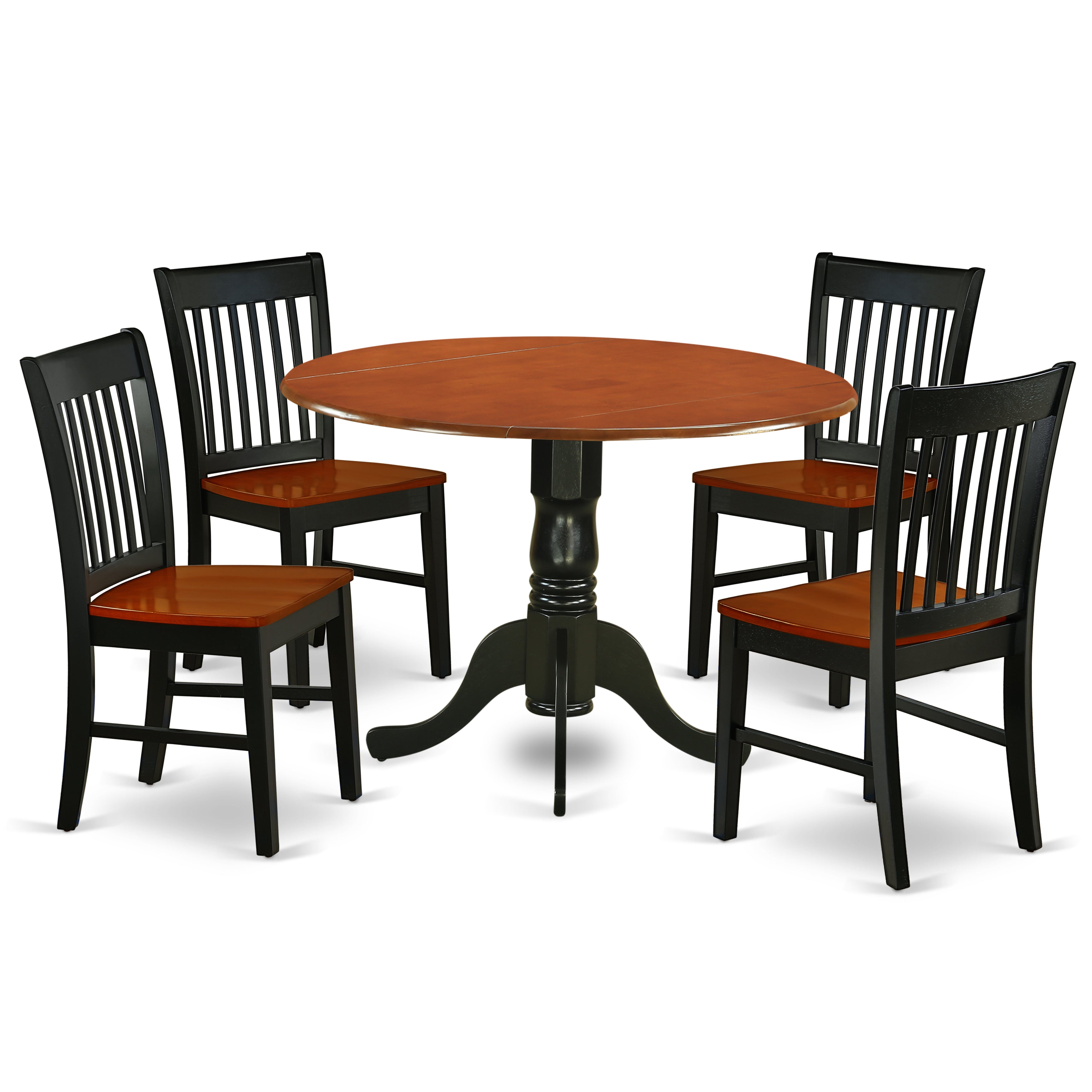 DLNO5-BCH-W 5Pc Rounded 42" Kitchen Table With Two 9-Inch Drop Leaves And Four Wood Seat Kitchen Chairs