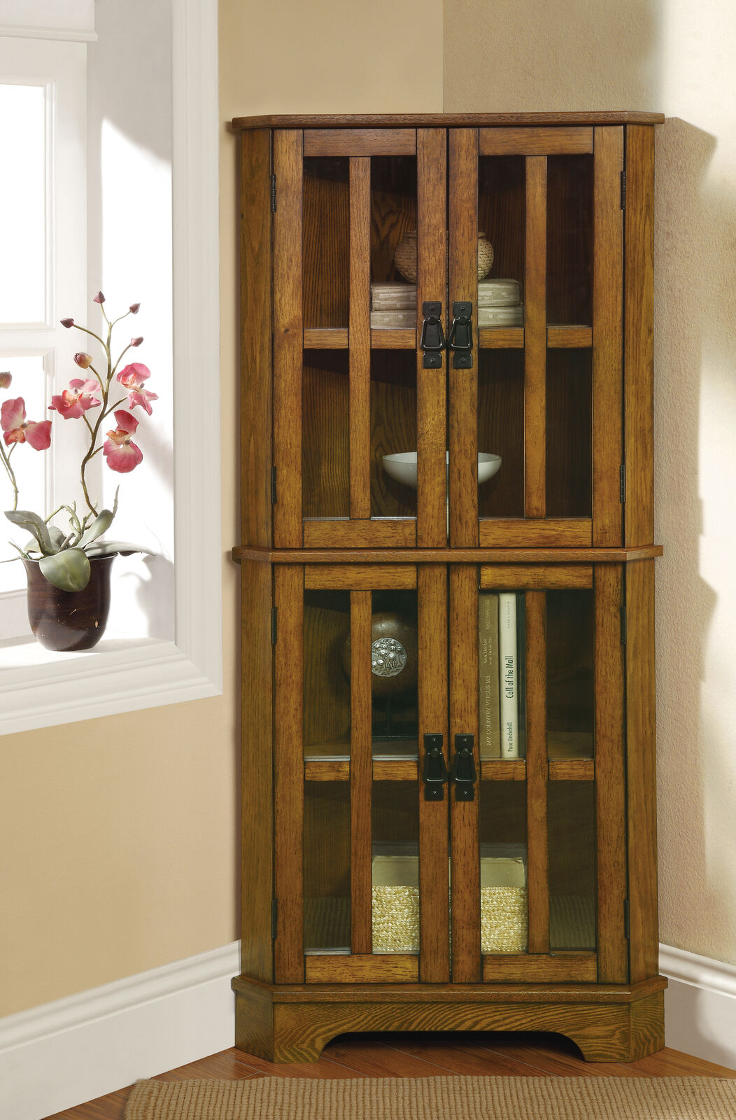 4 Shelf Traditional Corner Curio Cabinet in Warm Golden Brown