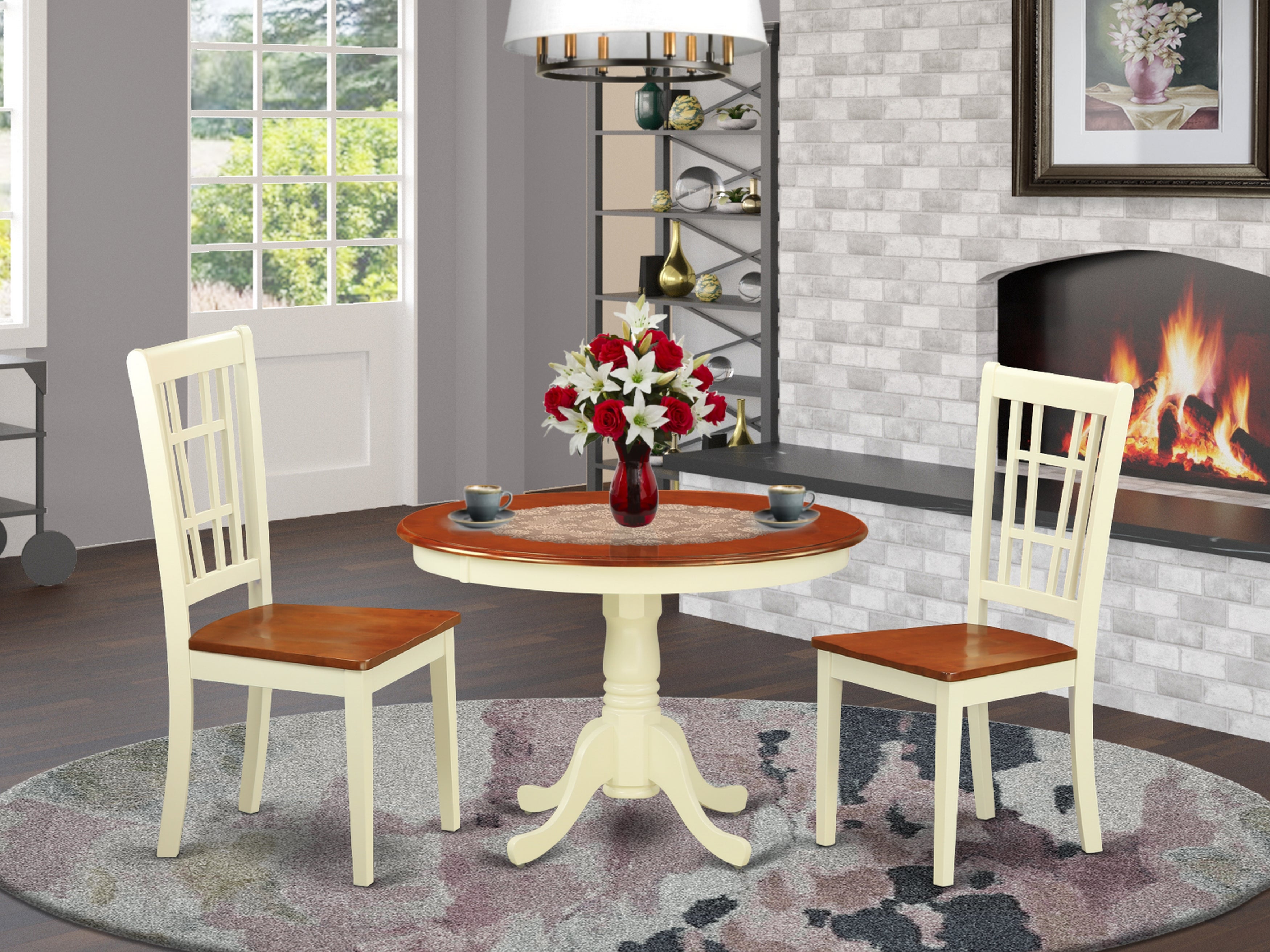 HLNI3-BMK-W 3 Pc set with a Round Small Table and 2 Wood Dinette Chairs in Buttermilk and Cherry .