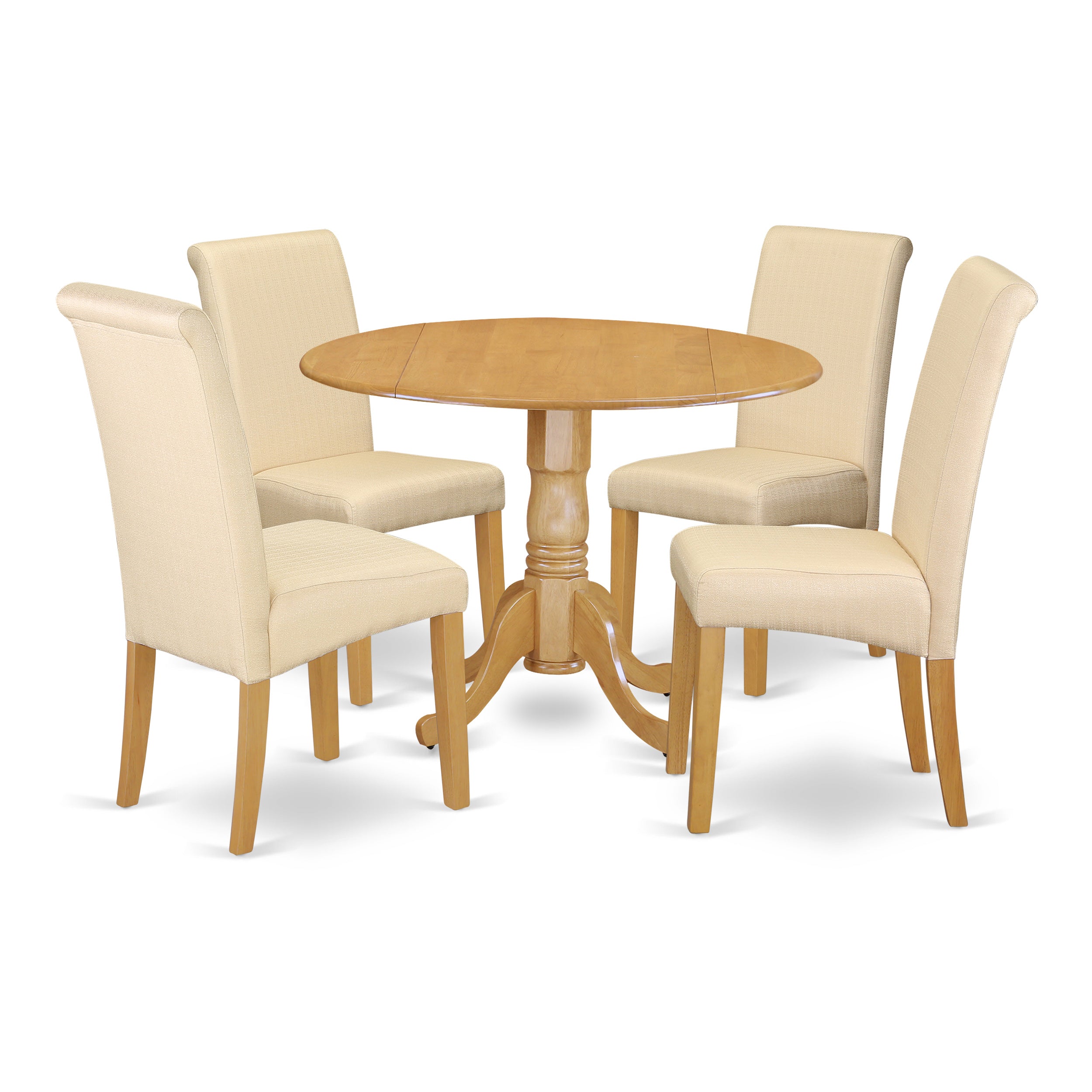 DLBA5-OAK-02 5Pc Small Round table with linen beige fabric Parson chairs with oak chair legs
