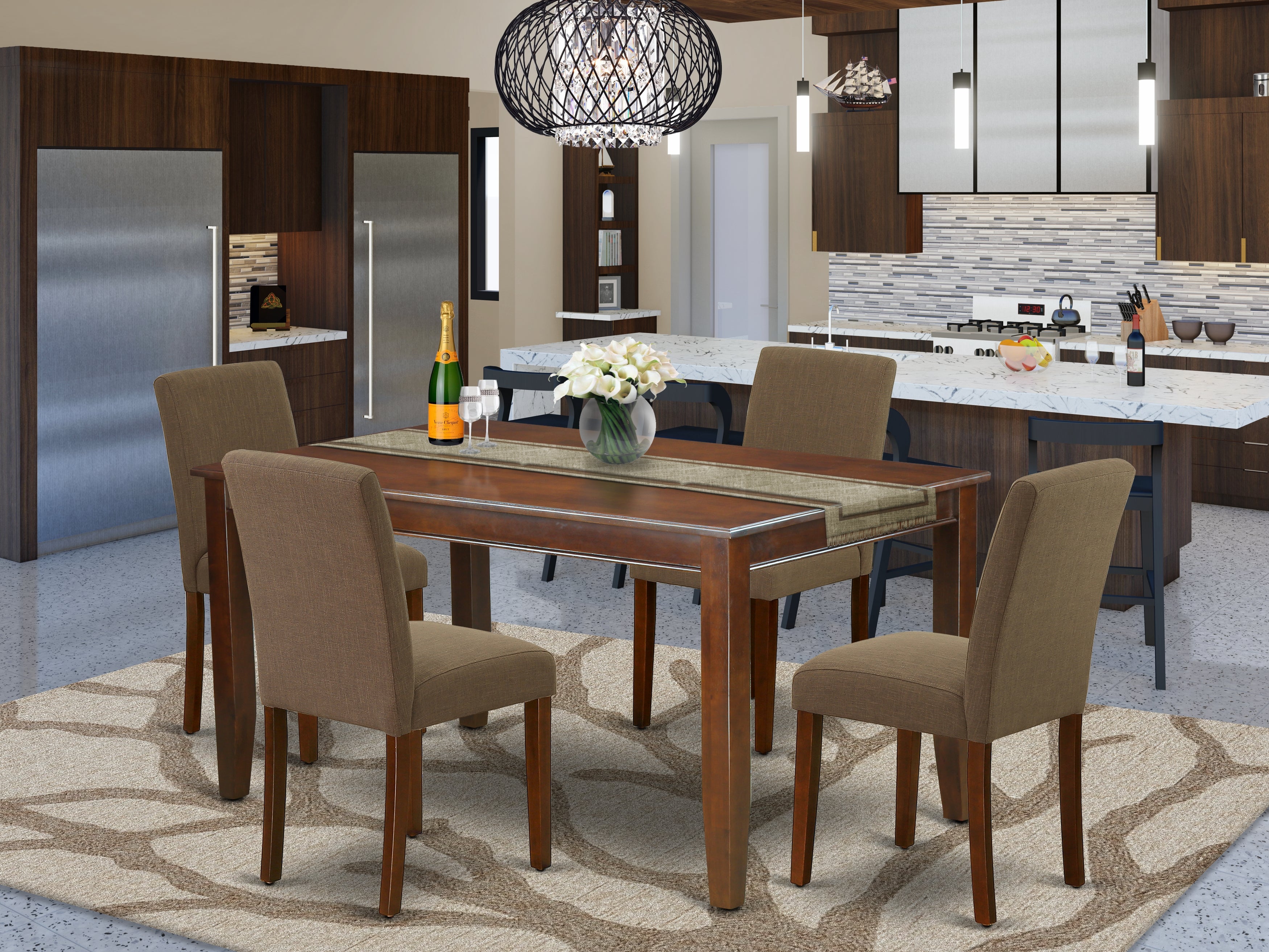 DUAB5-MAH-18 5Pc Rectangle 60 Inch Dining Table And Four Parson Chair With Mahogany Leg And Linen Fabric Coffee