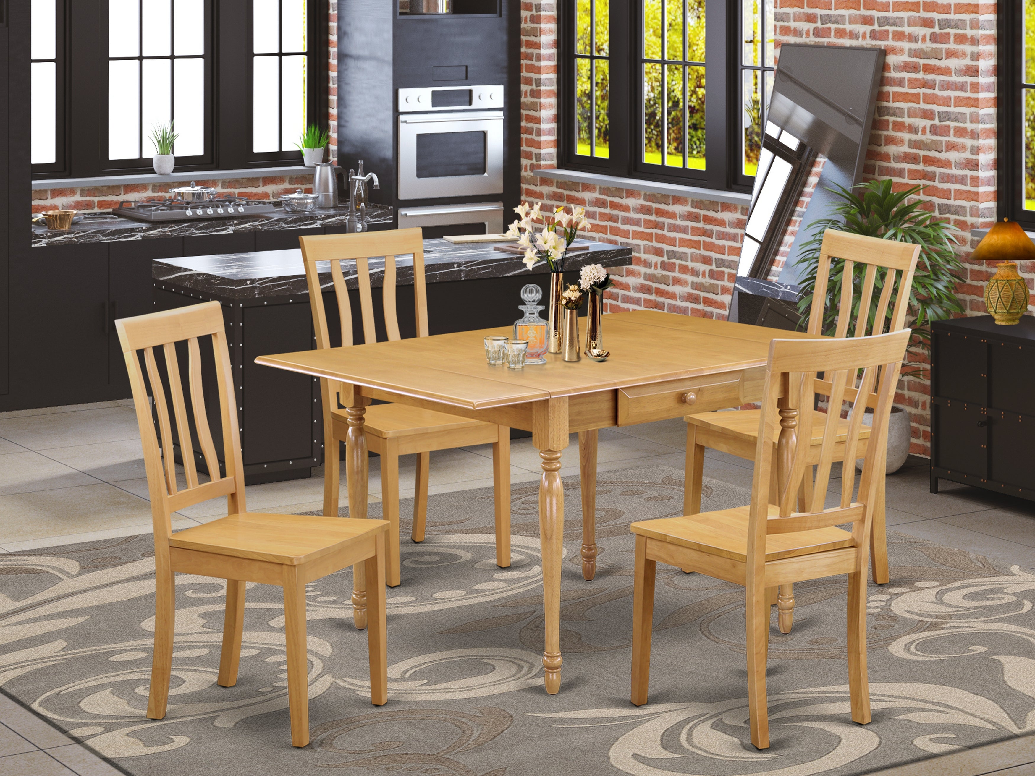 East West Furniture MZAN5-OAK-W 5Pc Modern Dining Table Set Offers a Small Table and 4 Wood Dining Chairs with Solid Wood Seat, Drop Leaf Table with Slat Back Chairs, Oak Finish