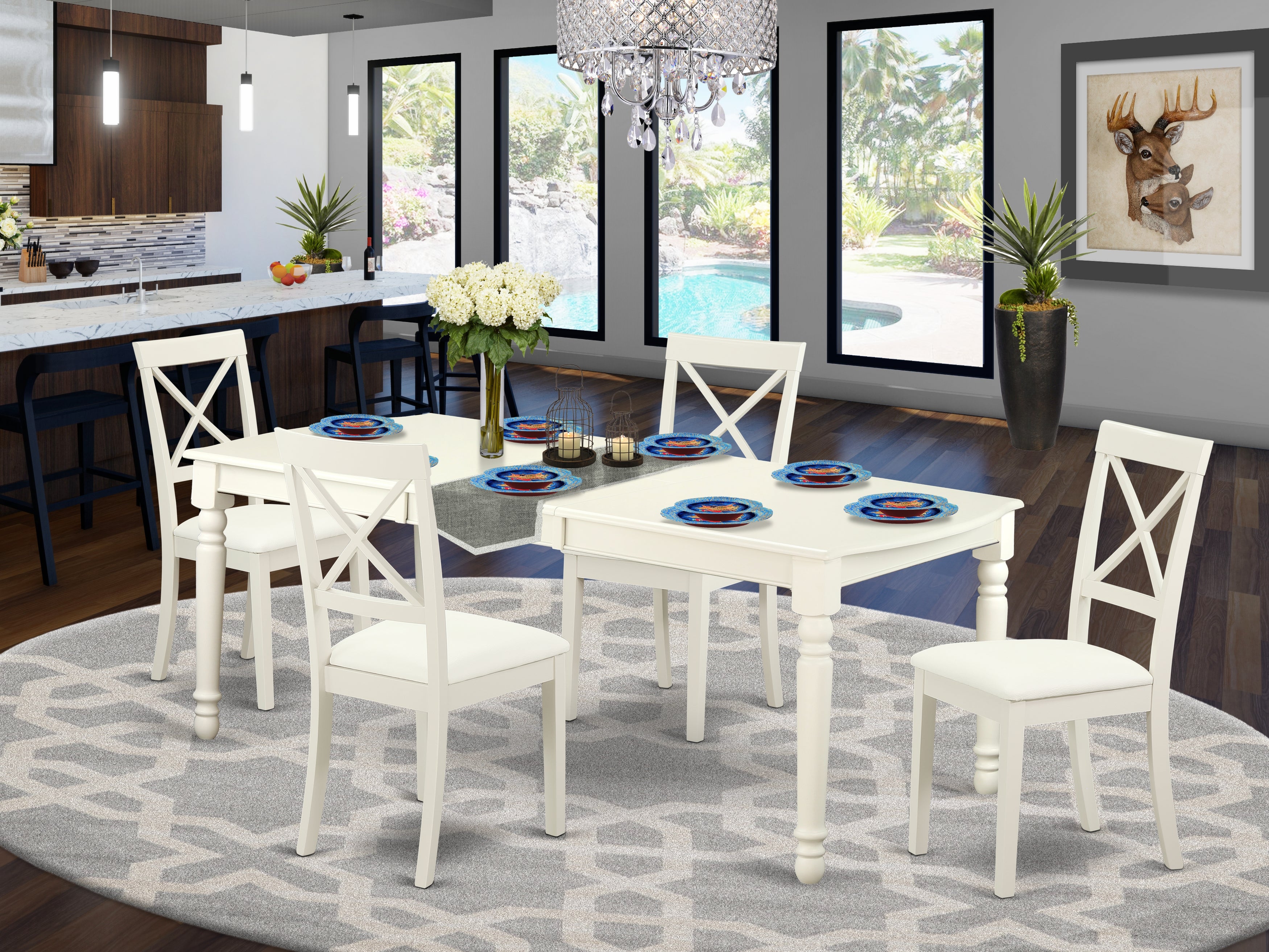 DOBO5-LWH-LC 5 PC Dining table set-Dining table and 4 faux leather seat kitchen chairs in linen white