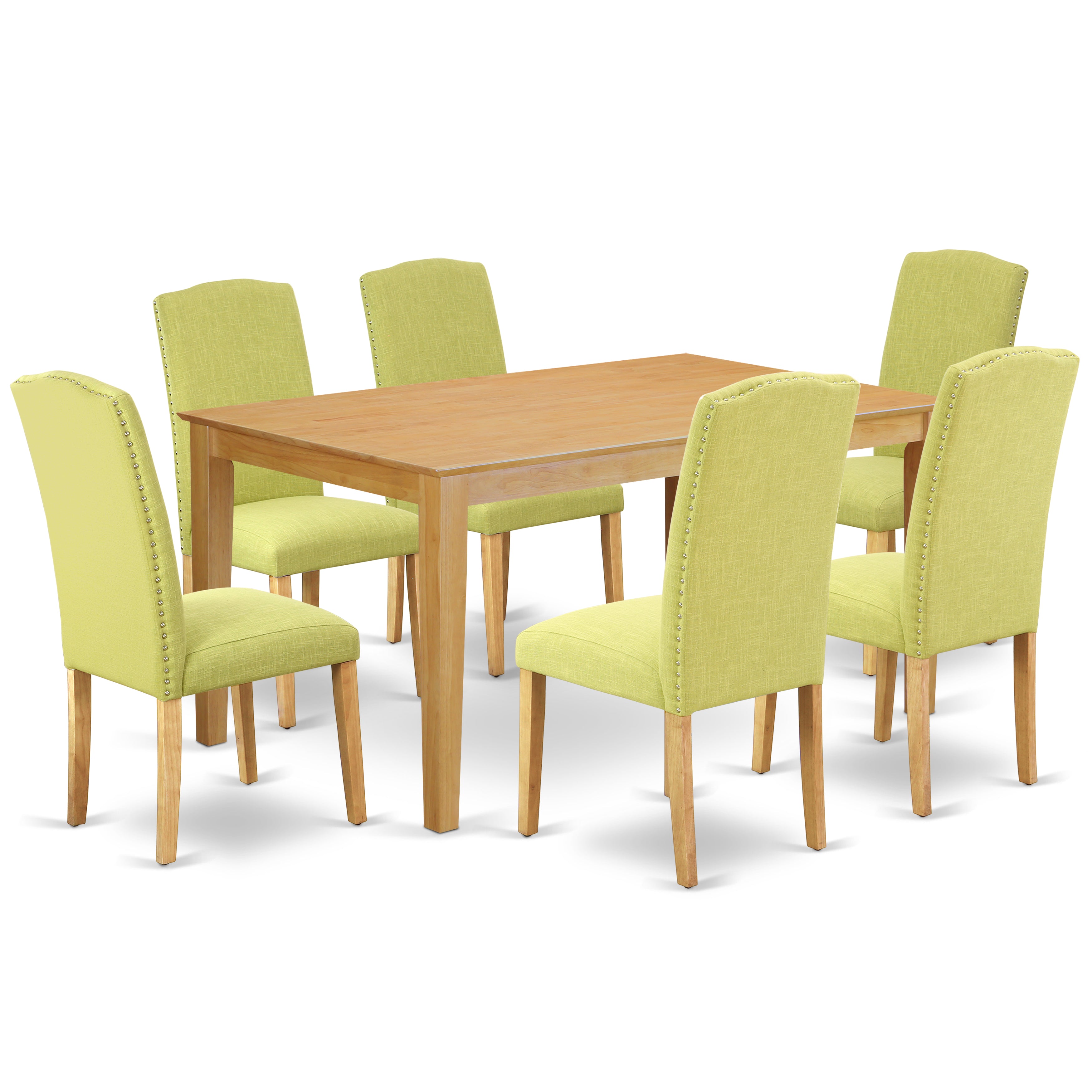 CAEN7-OAK-07 7Pc Rectangle 60" Dining Table And 6 Parson Chair With Oak Leg And Linen Fabric Limelight