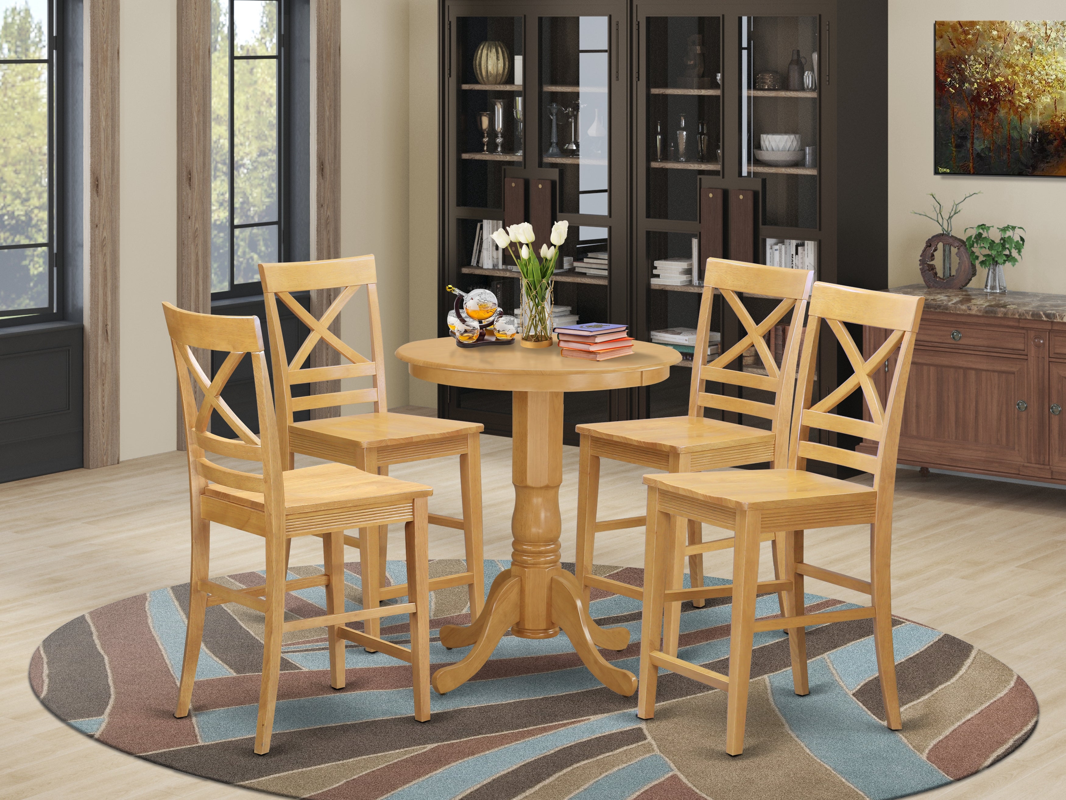 EDQU5-OAK-W 5 Pc counter height pub set - Dining Table and 4 Kitchen bar stool.