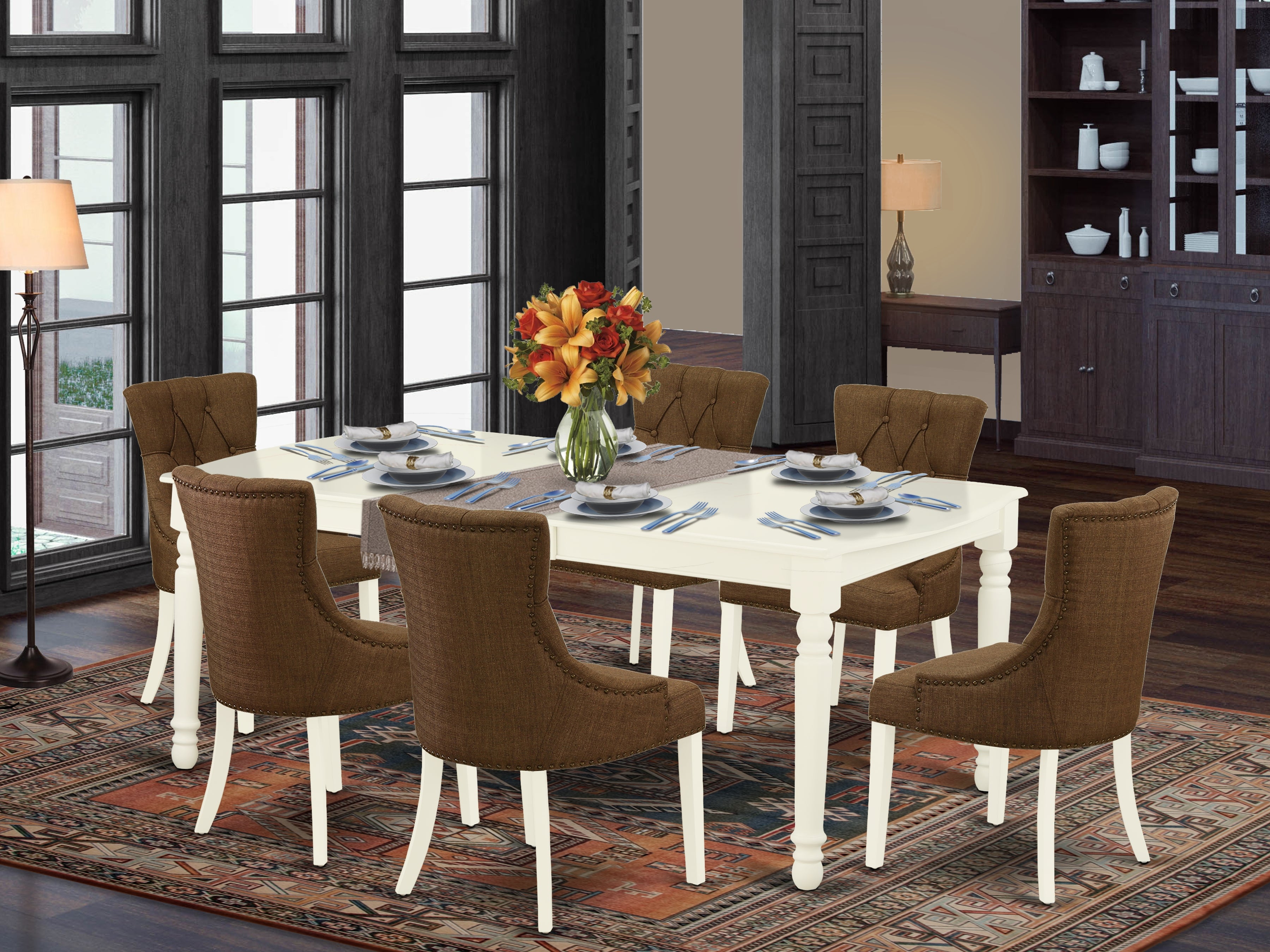 DOFR7-LWH-18 7Pc Dinette Set Includes a Rectangular Kitchen Table with Butterfly Leaf and Six Parson Chairs with Dark Coffee Fabric, Linen White Finish