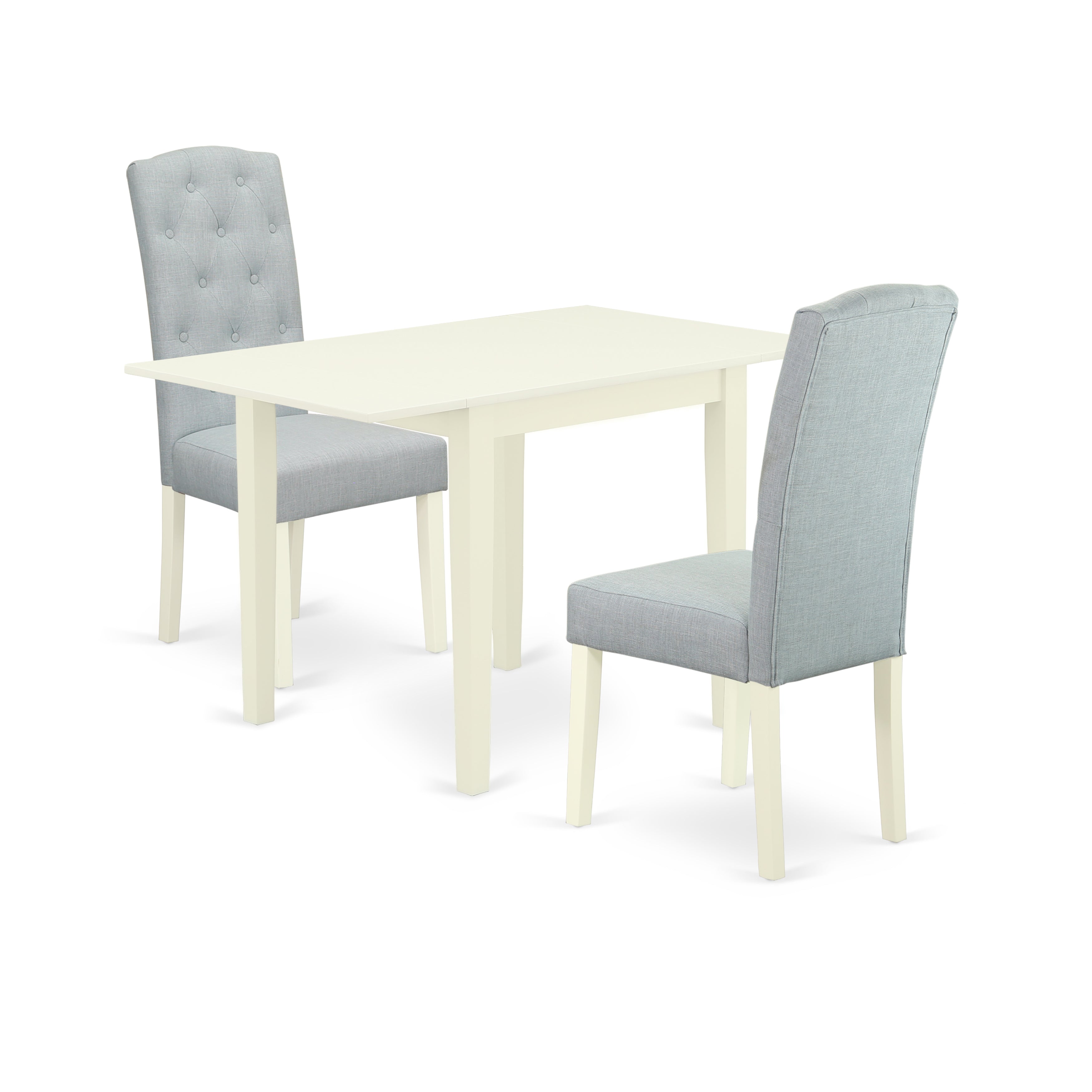 East West Furniture NDCE3-LWH-15 Wooden Dining Table Set 3 Pc - Two Parson Dining Chairs and a Wood Table - Linen White Finish Wood - Baby Blue Color Linen Fabric