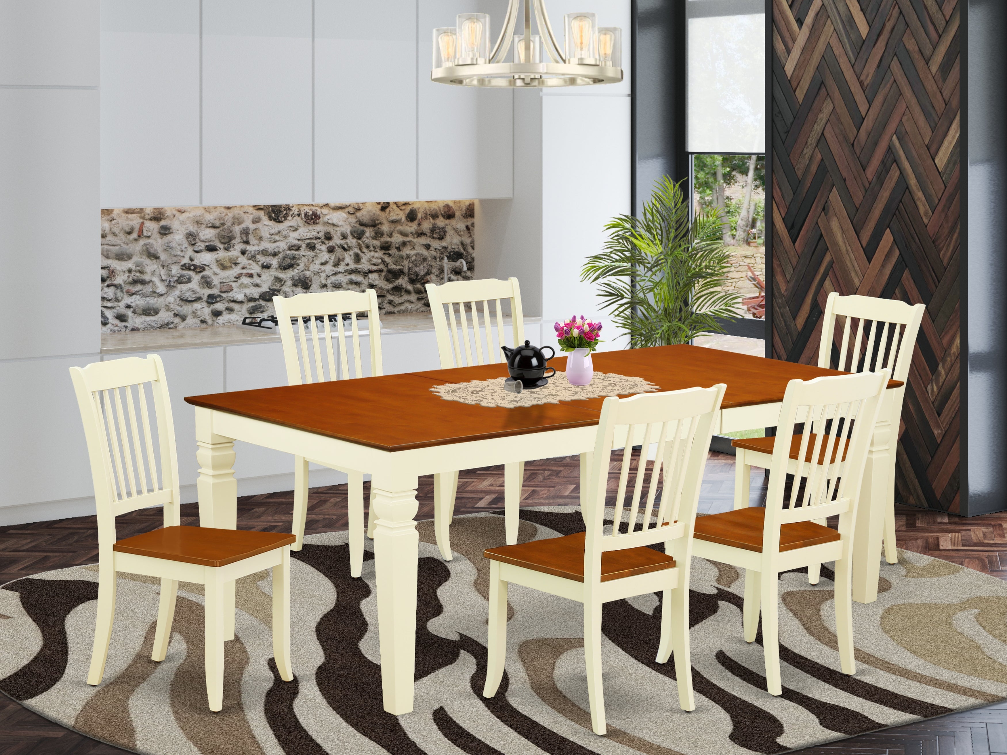 LGDA7-BMK-W 7PC Rectangular 66/84 inch Table with 18 In Leaf and 6 vertical slatted Chairs