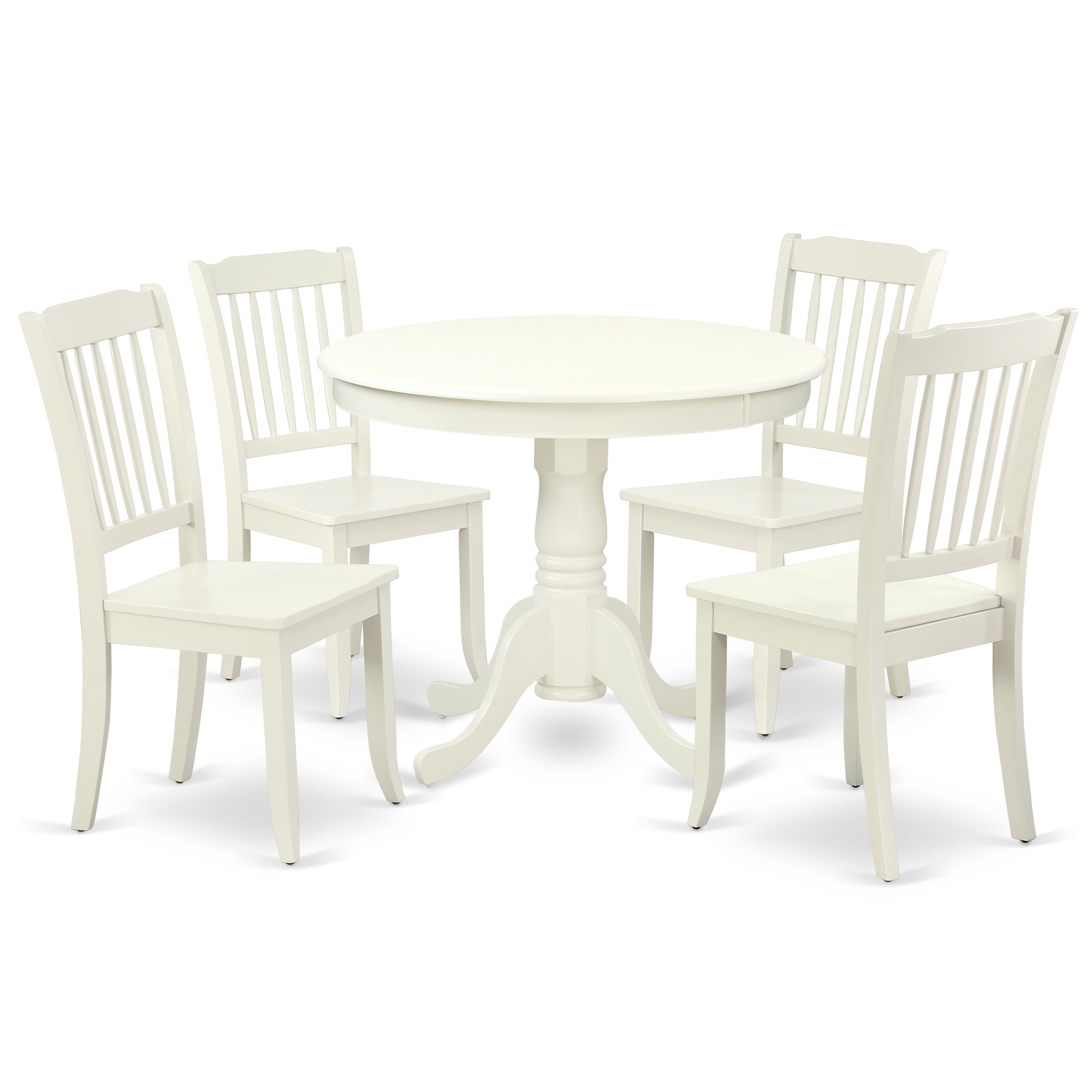 ANDA5-LWH-W 5PC Round 36 inch Table and 4 vertical slatted Chairs