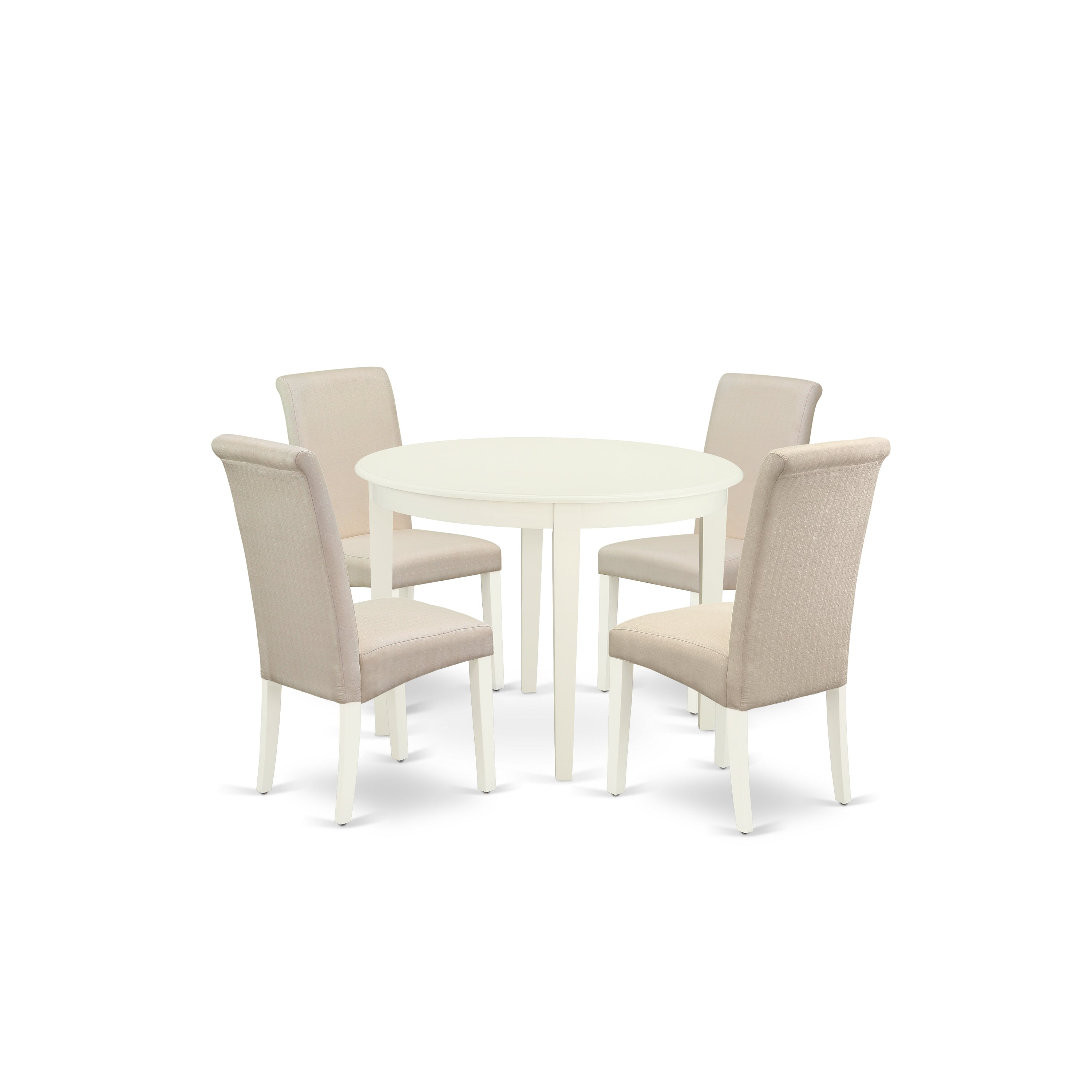 BOBA5-WHI-01 5Pc Dining Set Includes a Small Round Dinette Table and Four Parson Chairs with Cream Fabric, White Finish