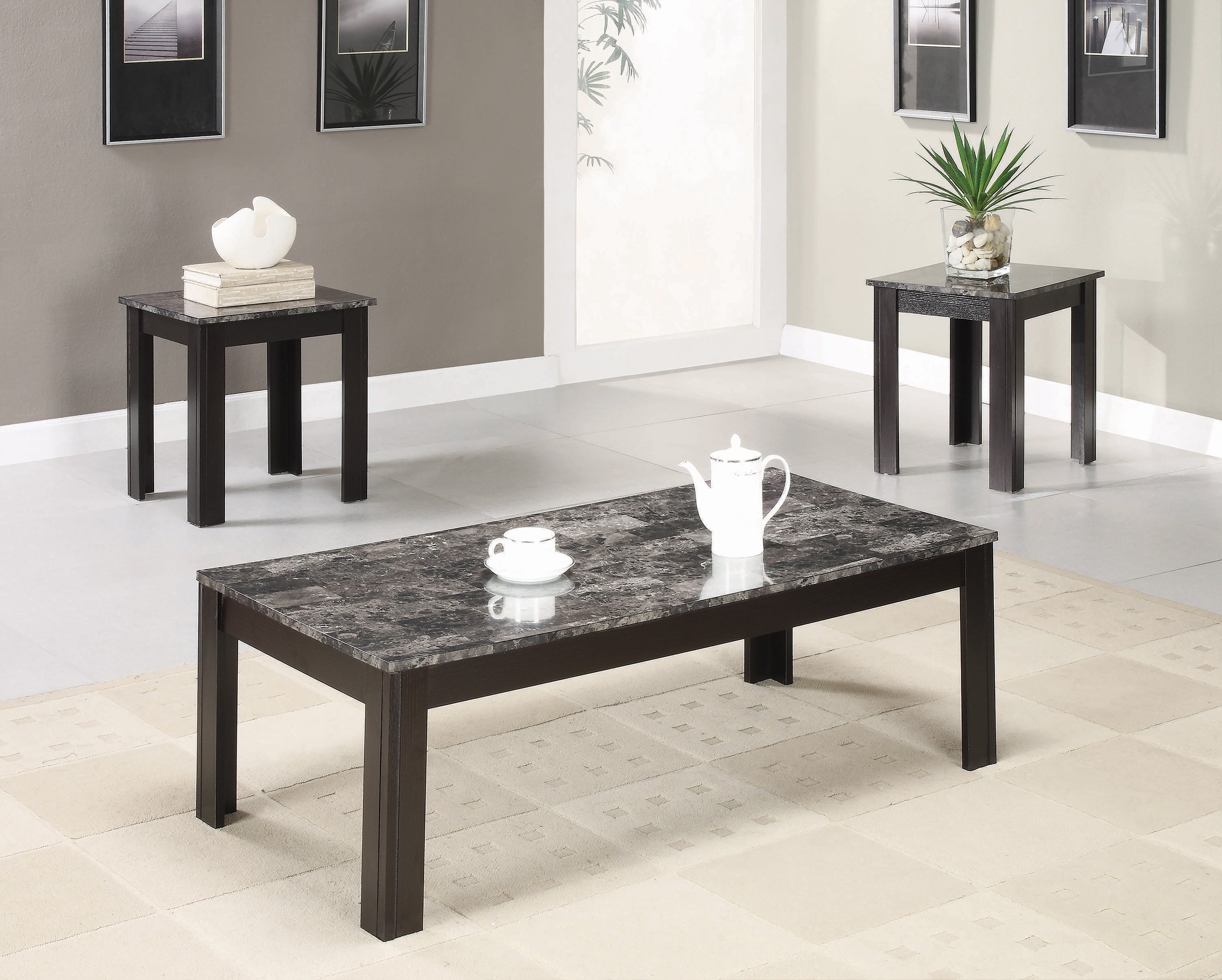 3-Piece Faux-Marble Top Occasional Table Set in Black