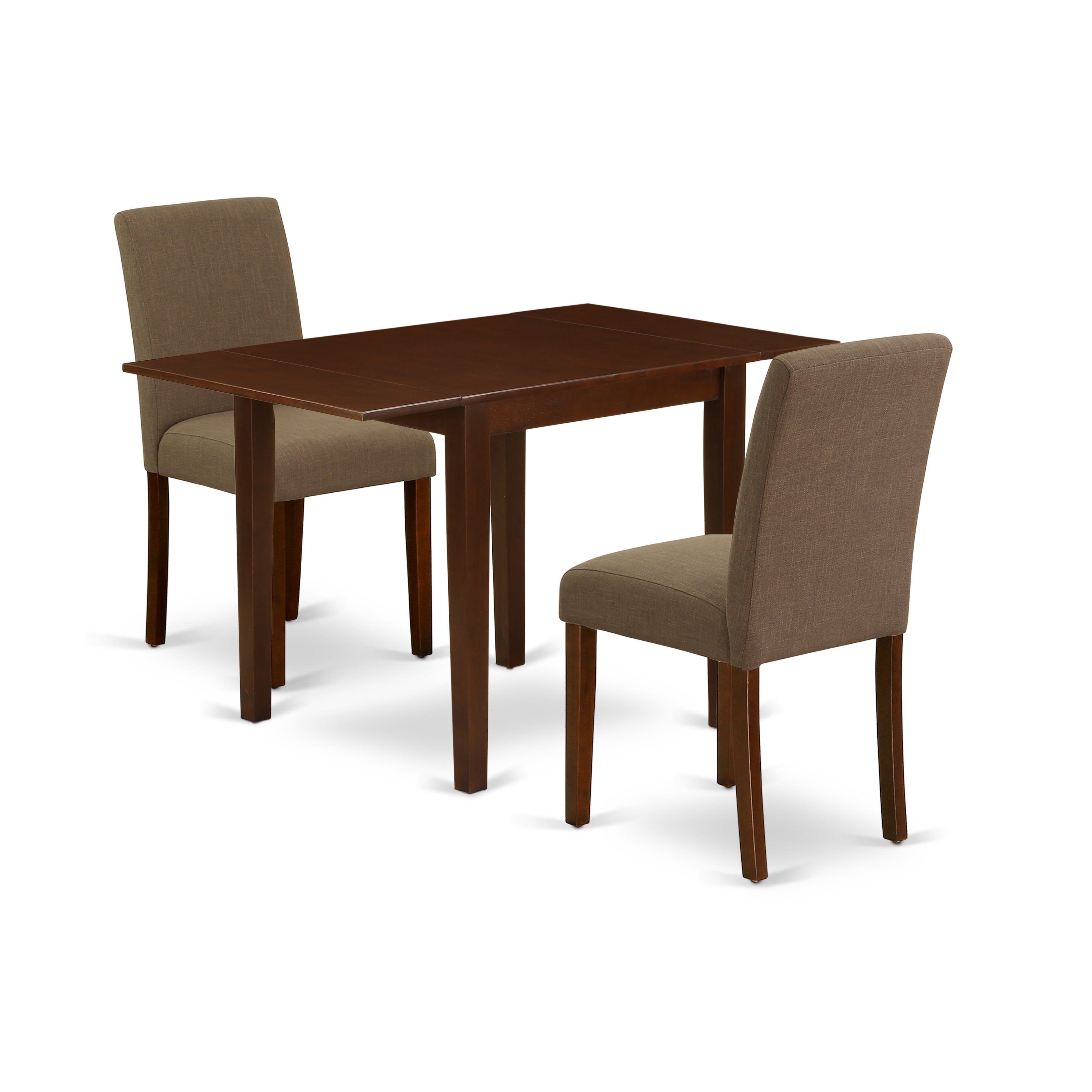 East West Furniture NDAB3-MAH-18 Modern Dining Table Set 3 Pc - Two Parson Chairs and a Dining Room Table - Mahogany Finish Wood - Coffee Color Linen Fabric