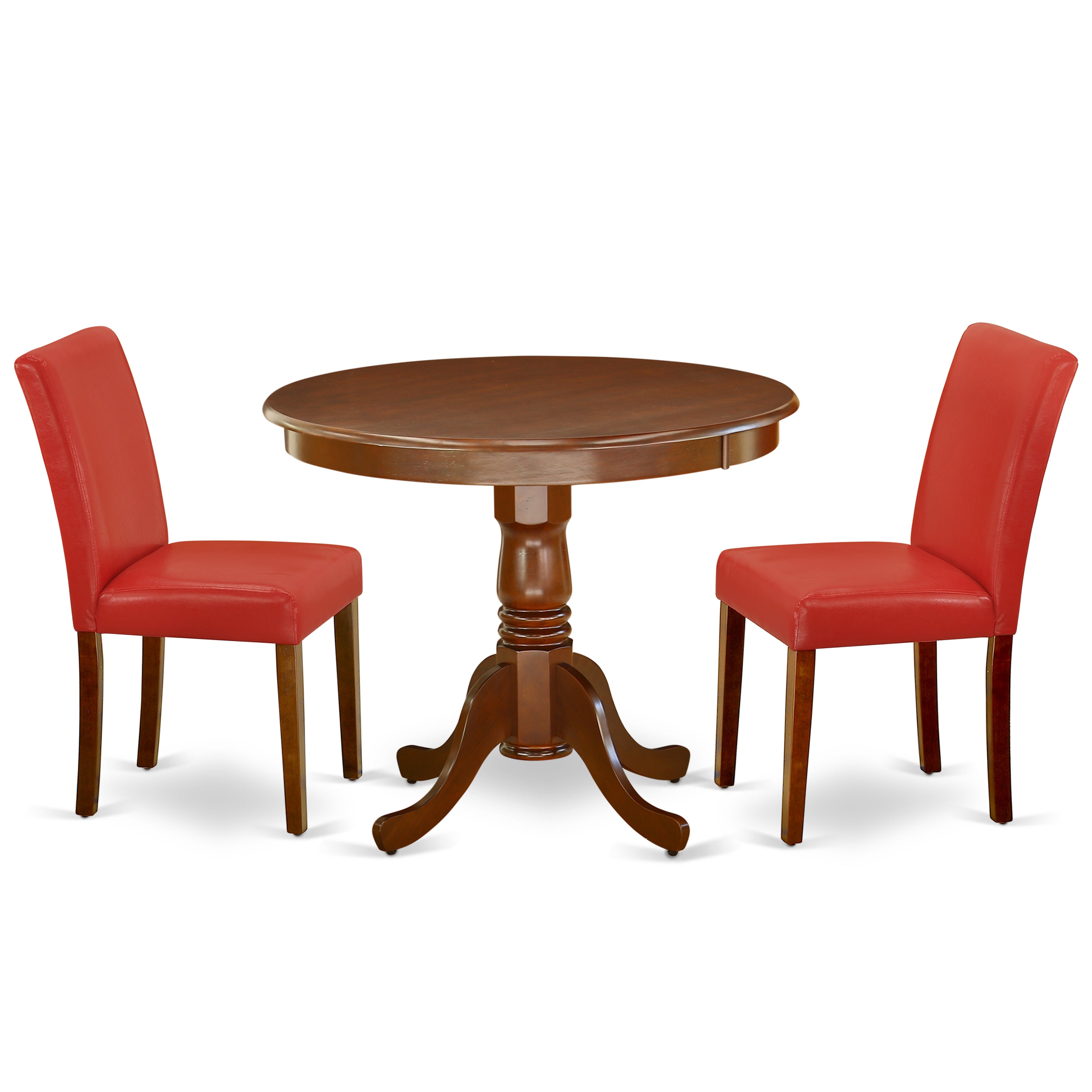 ANAB3-MAH-72 3Pc Rounded 36 Inch Dinette Table And Two Parson Chair With Mahogany Leg And Pu Leather Color Firebrick Red