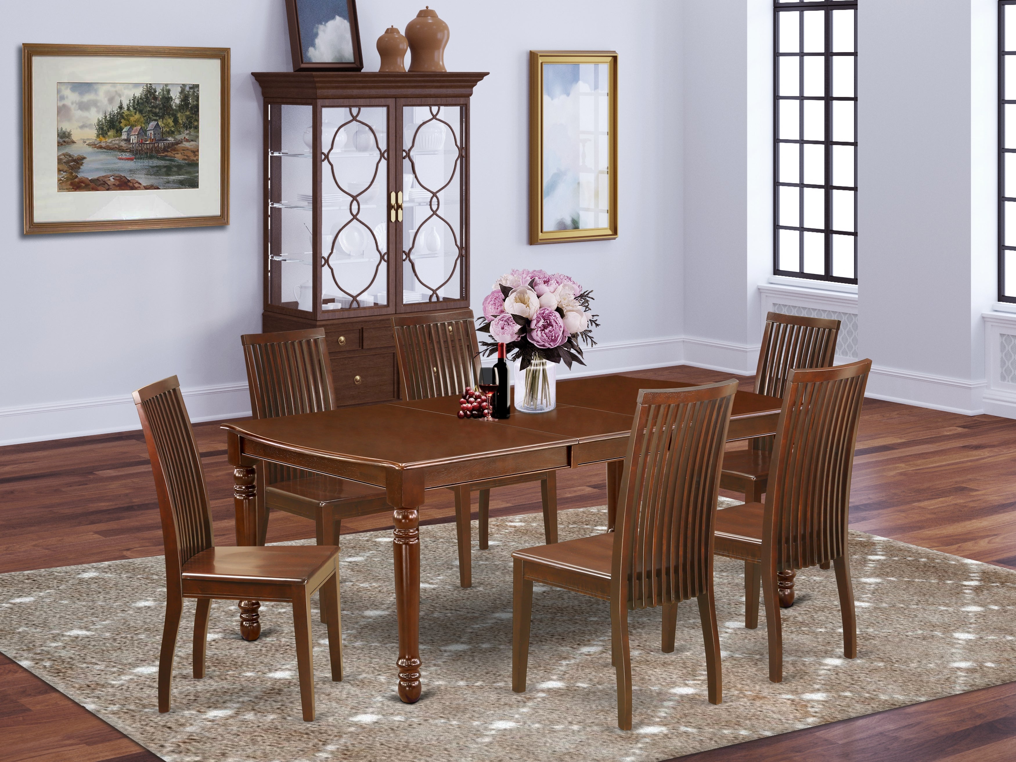 DOIP7-MAH-W 7Pc Rectangle 60/78" Dining Table With 18 In Self Storing Butterfly Leaf And Six Wood Seat Kitchen Chairs