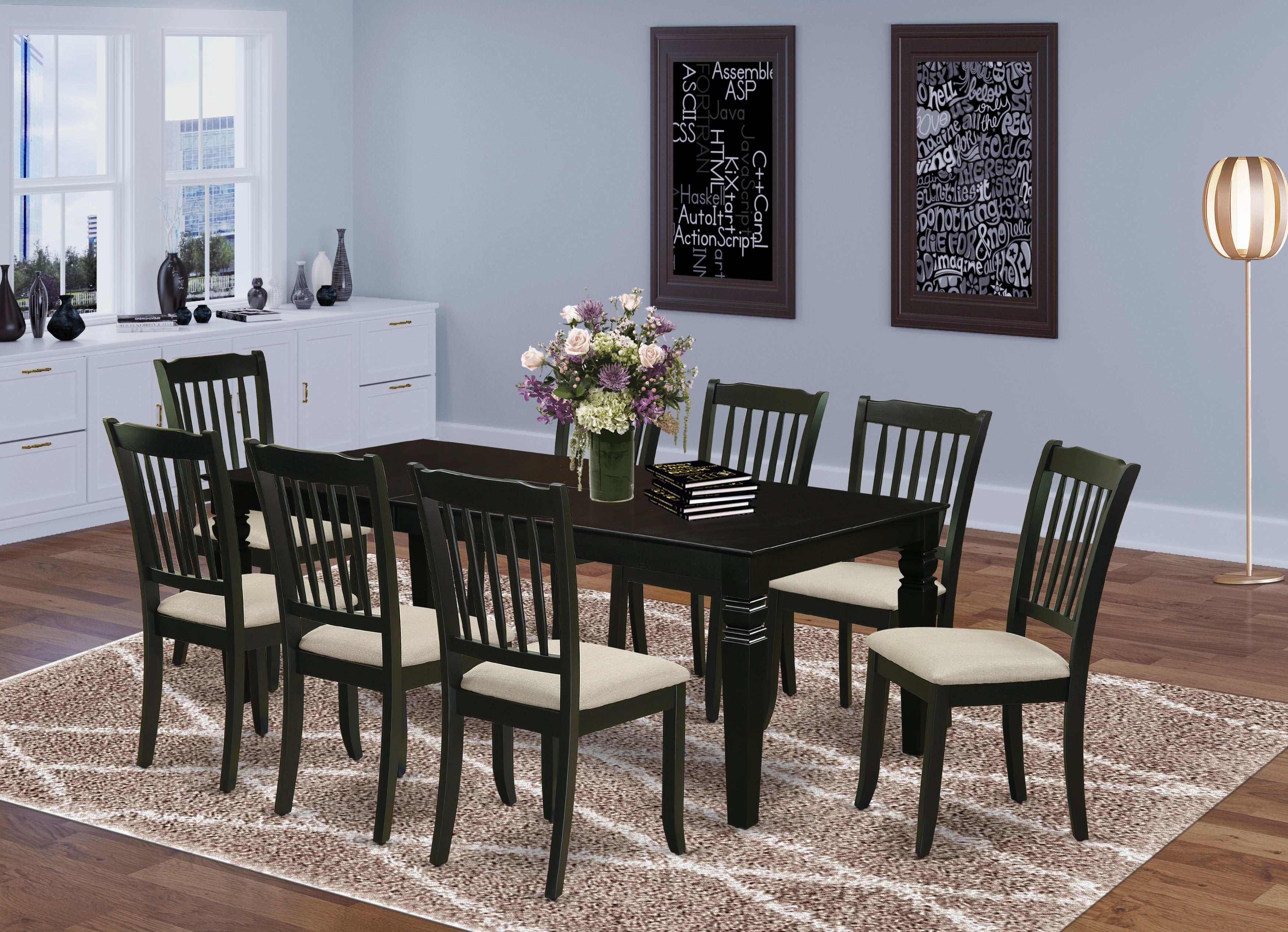 LGDA9-BLK-C 9Pc Dining Set Includes a Rectangle Dining Table with Butterfly Leaf and Eight Vertical Slatted Microfiber Seat Kitchen Chairs, Black Finish