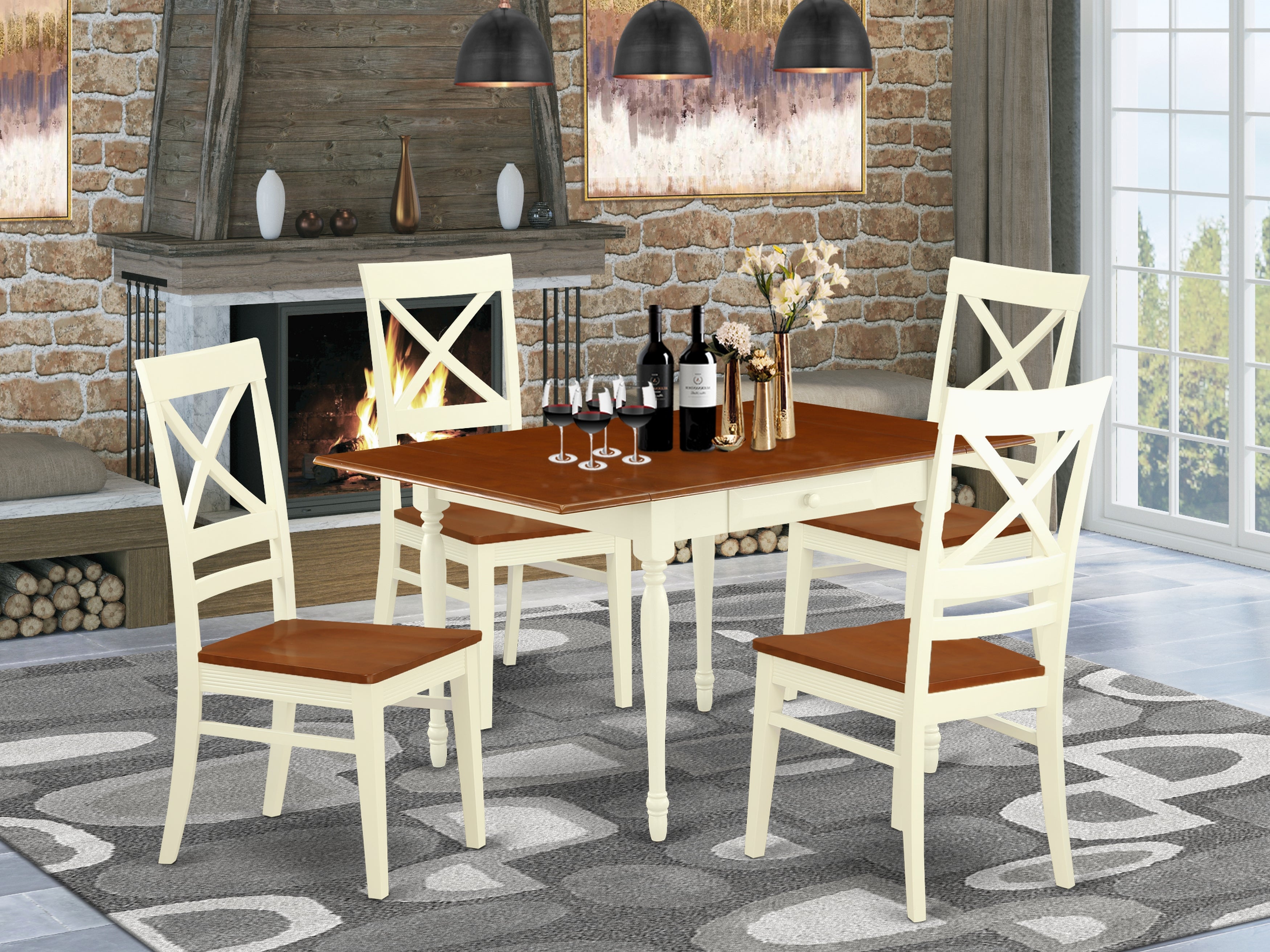 East West Furniture MZQU5-WHI-W 5 Pieces Dining Kitchen Table set - Strong Drop Leaf Real Wood Rectangle Dining Table and 4 Hardwood Seat Kitchen Chairs, Buttermilk and Cherry Finish
