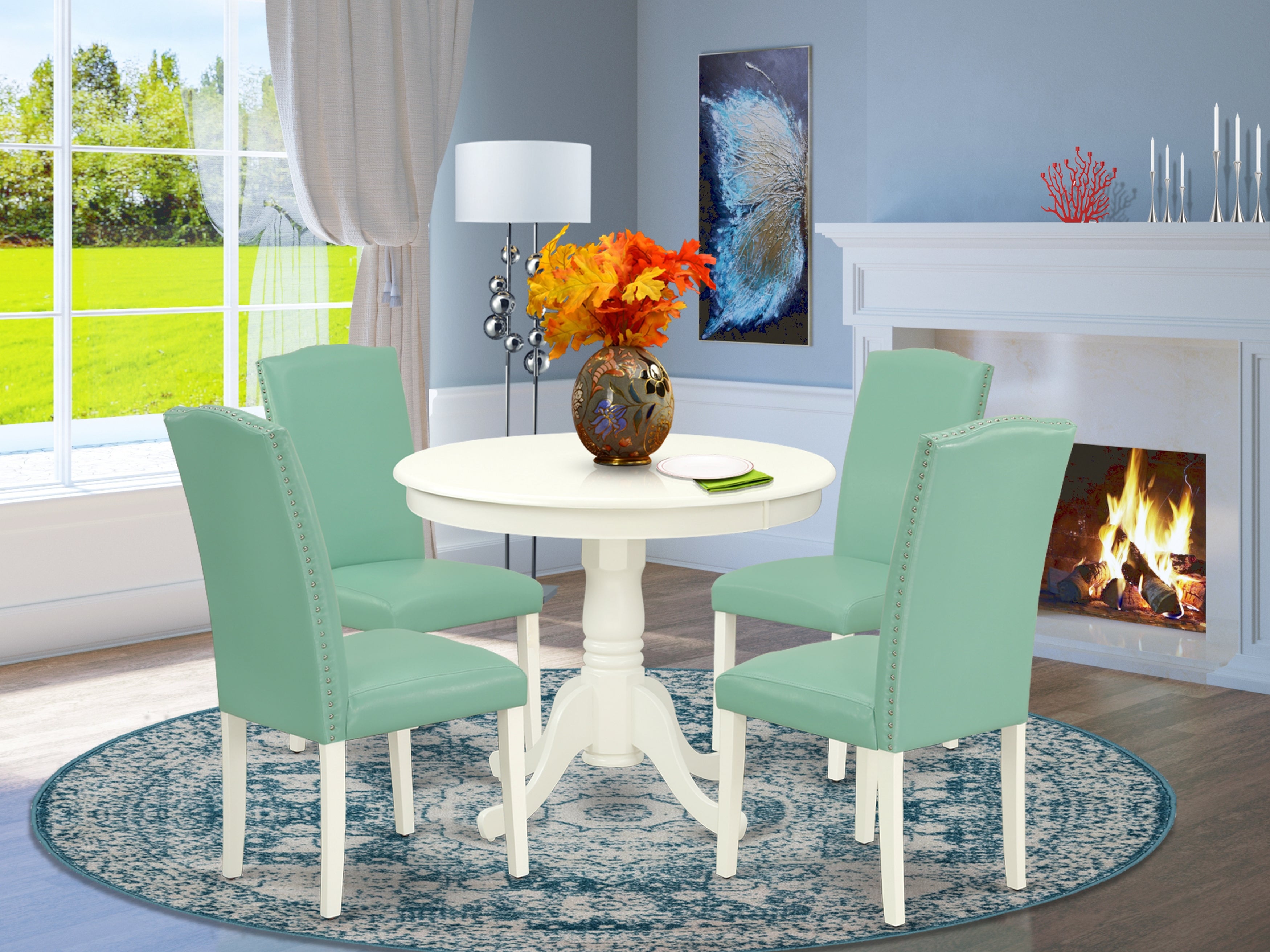 ANEN5-LWH-57 5Pc Round 36" Table And 4 Parson Chair With Linen White Leg And Pu Leather Color Pond