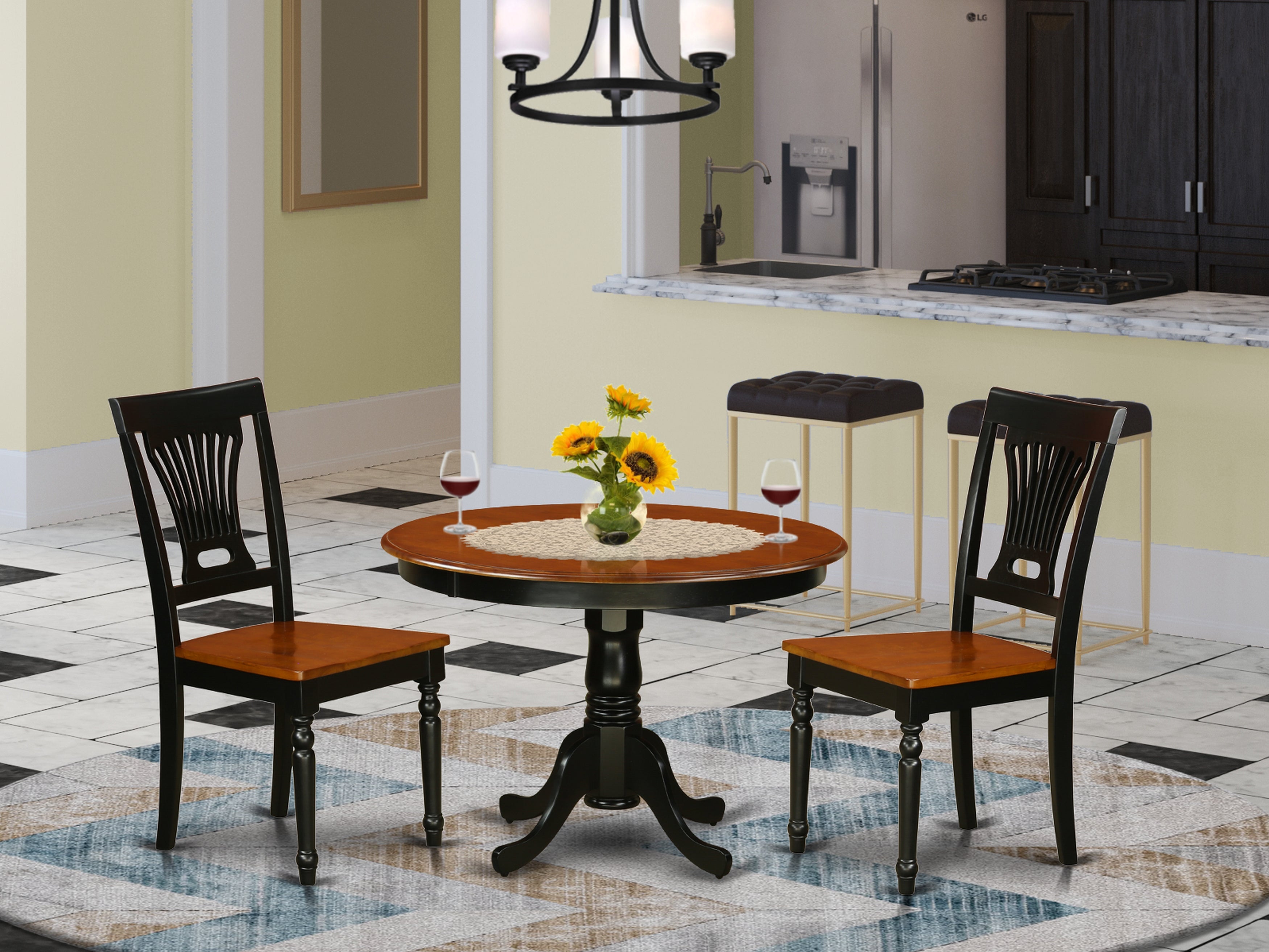 HLPL3-BCH-W 3 Pc set with a Round Dinette Table and 2 Wood Kitchen Chairs in Black and Cherry .