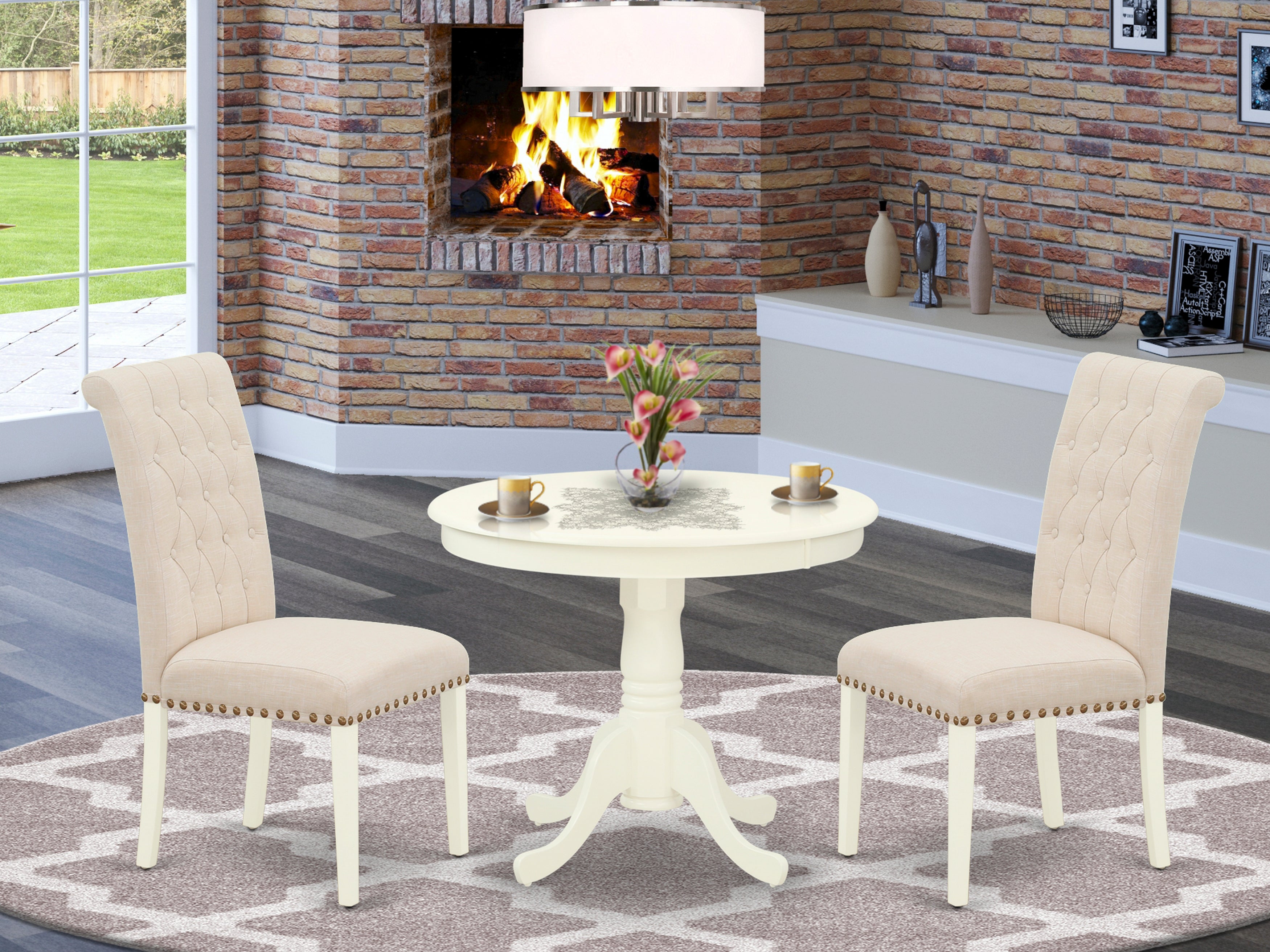 ANBR3-LWH-02 3Pc Dinette Set Includes a Small Rounded Kitchen Table and Two Parson Chairs with Light Beige Fabric, Linen White Finish