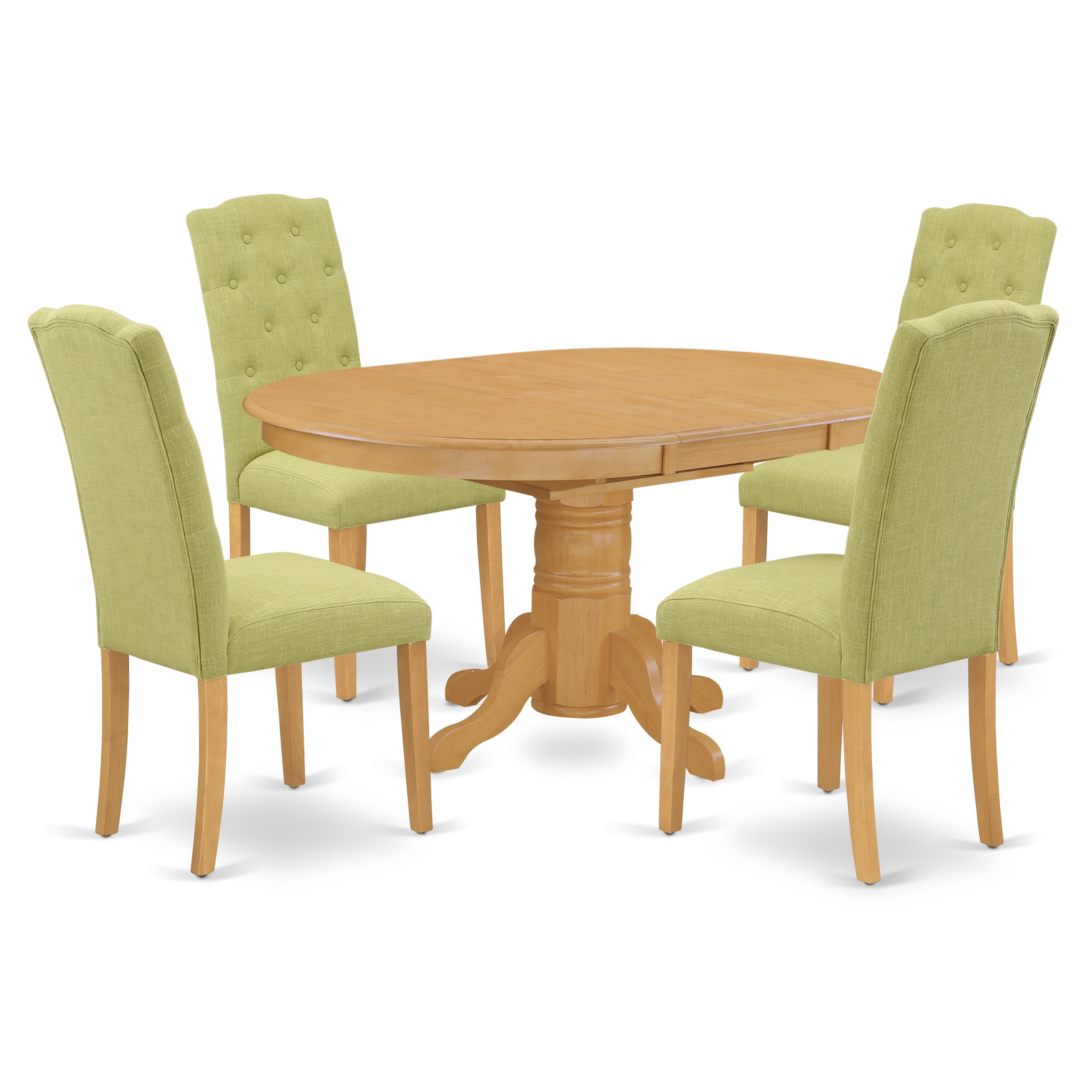 AVCE5-OAK-07 5Pc Dining Set Includes an Oval Dinette Table with Butterfly Leaf and Four Parson Chairs with Lime Green Fabric, Oak Finish