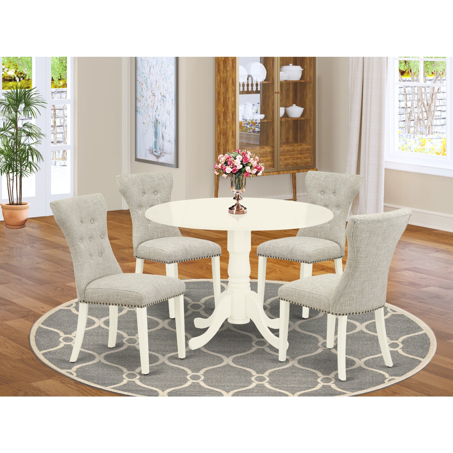 5Pc Round Dropleaf Dining Table & 4 Upholstered Chairs in Doeskin & Linen White