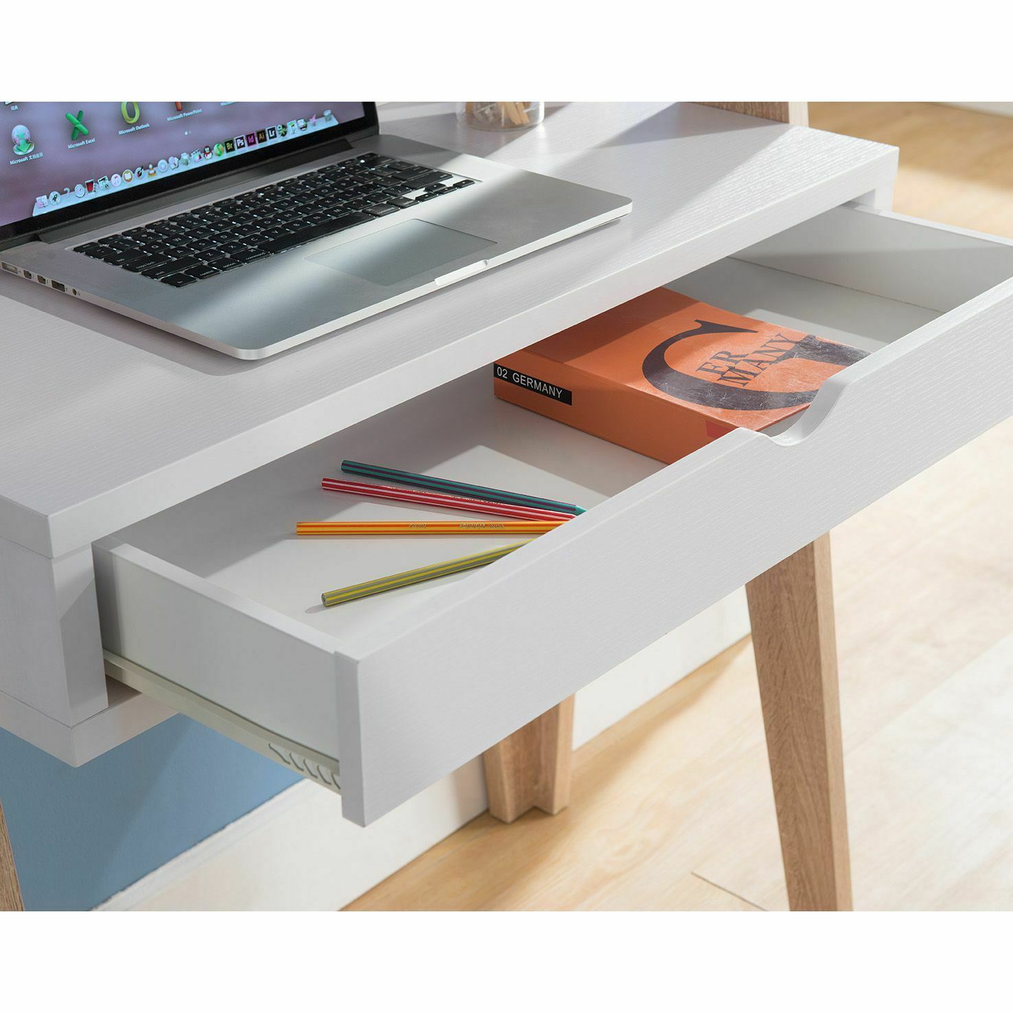 Mid Century Ladder Desk With Drawer And Shelves White And Weathered White