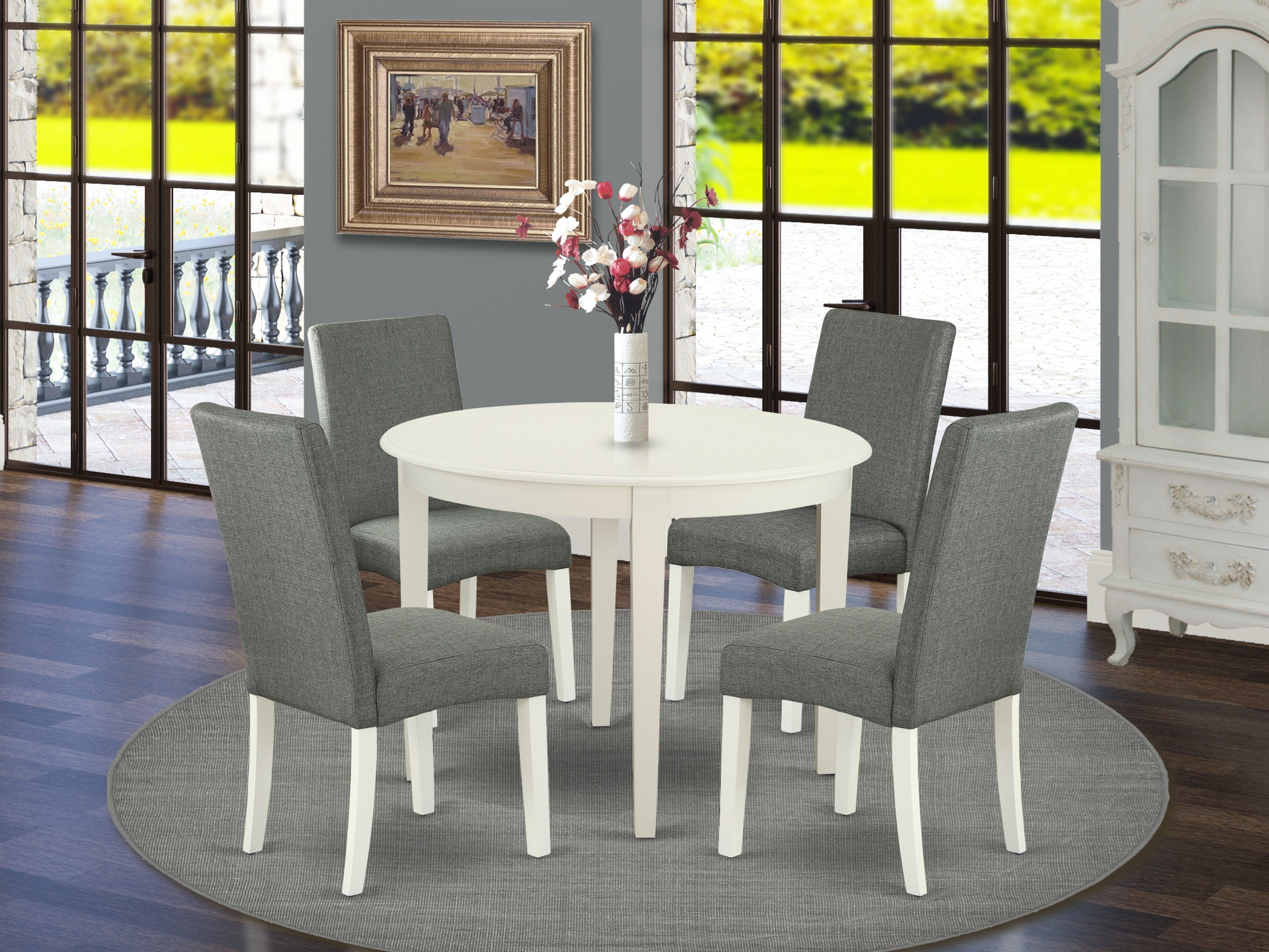 BODR5-LWH-07 5Pc Round 42" Kitchen Table And Four Parson Chair With Linen White Finish Leg And Linen Fabric- Gray Color