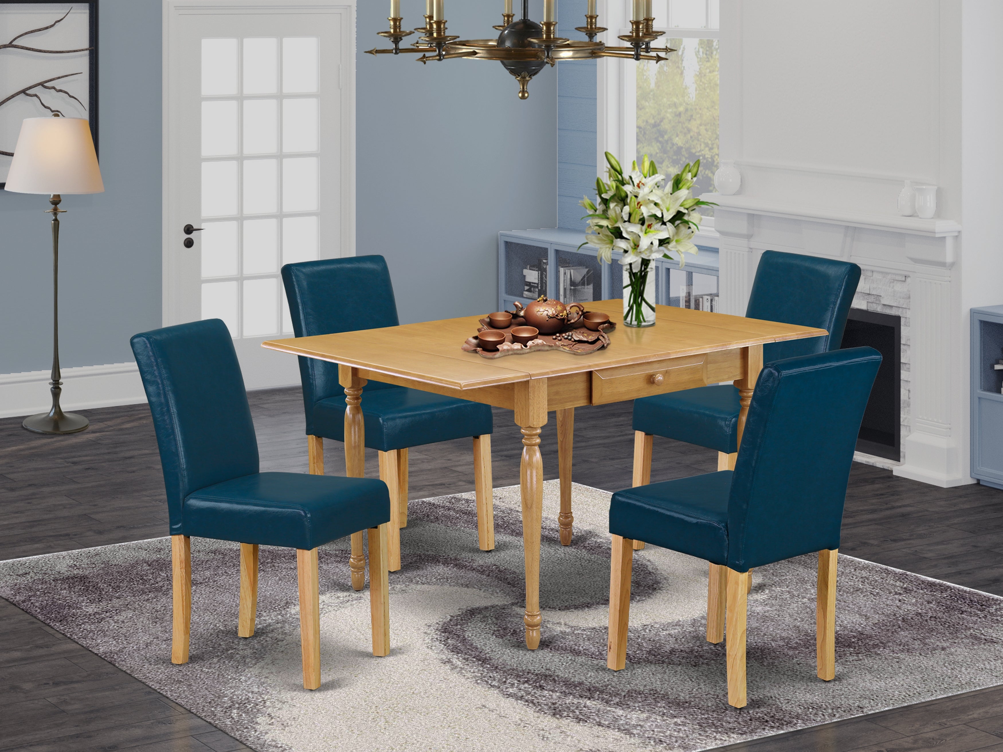 East West Furniture MZAB5-OAK-55 5Pc Kitchen and Dining Room Tables Set Consists of a Dining Table and 4 Parsons Dining Chairs with Oasis Color PU Leather, Drop Leaf Table with Full Back Chairs, Oak Finish