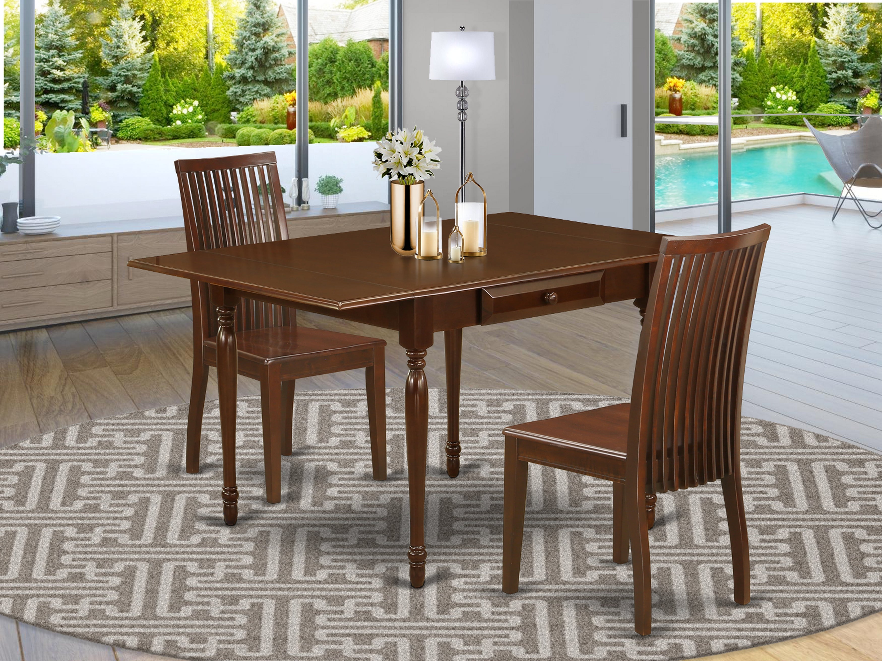 East West Furniture MZIP3-MAH-W 3 Pieces Wood Dining Table set - Robust Drop Leaf Real Wood Dining Room Table and 2 Wooden Seat Kitchen Chairs, Mahogany Finish