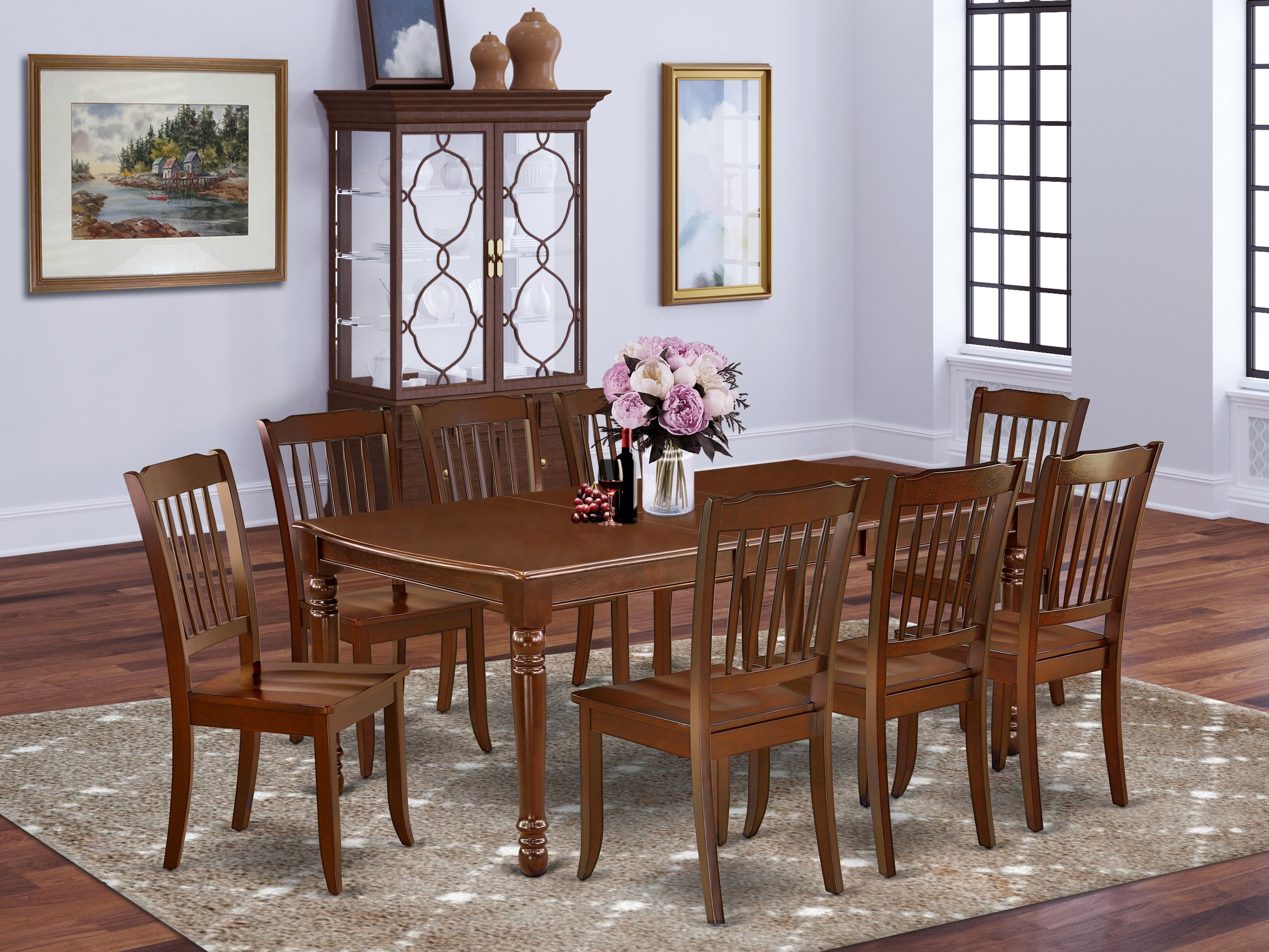 DODA9-MAH-W 9PC Rectangular 60/78 inch Table with 18 In Leaf and 8 vertical slatted Chairs